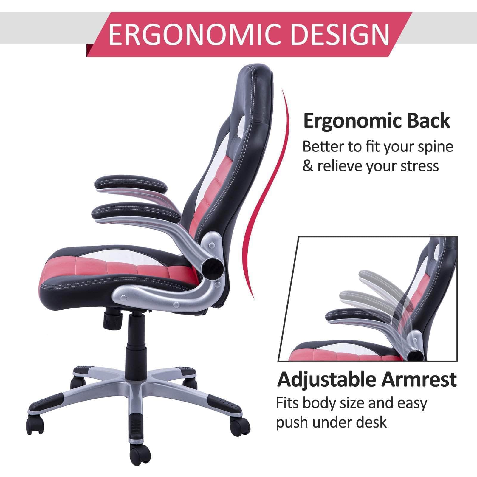 Premium Racing Style Office Gaming Chair - Ergonomic Swivel & Adjustable Armrest - PU Leather Executive Desk Chair for Home & Work - Available in Black & Red (Perfect for Gamers & Remote Workers)