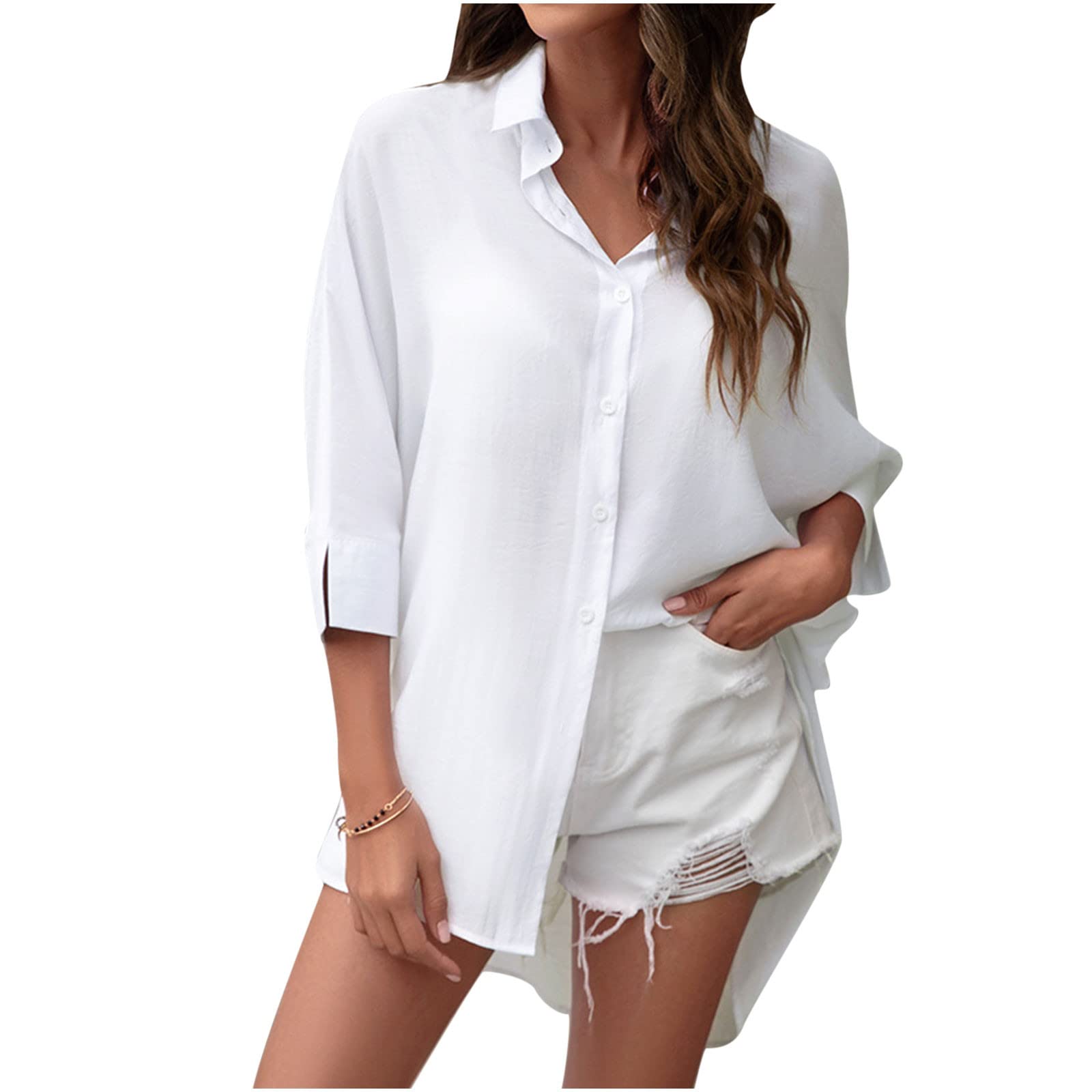 Kanzd Women's 3/4 Sleeve Casual Button Down Shirt - Loose Fit Summer Blouse in Solid Colors | Perfect for Office Wear, Weekend Outings & Date Nights