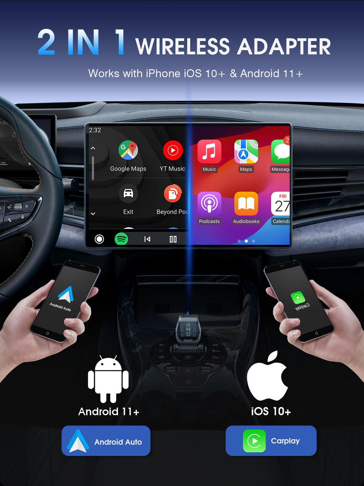 2025 Upgraded 2-in-1 Wireless CarPlay & Android Auto Adapter - Convert Wired to Wireless for iPhone iOS 10+/Android 11+ | Stable Connection, No Latency Mini USB Dongle | Perfect for Commuting, Road Trips & Hands-Free Driving
