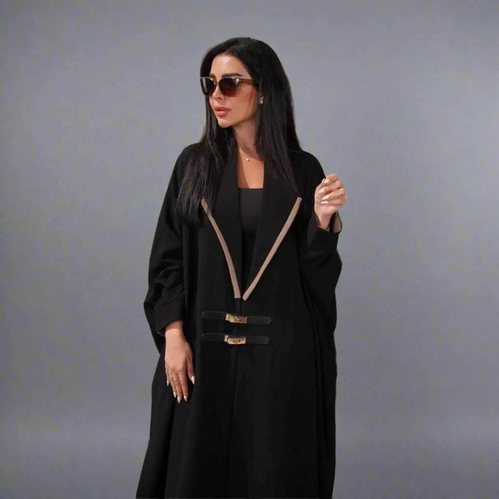 Elegant Batwing Sleeve Farasha Open Abaya Dress with Adjustable Leather Belt - Modest Muslim Women's Prayer Dress for Special Occasions & Evening Events