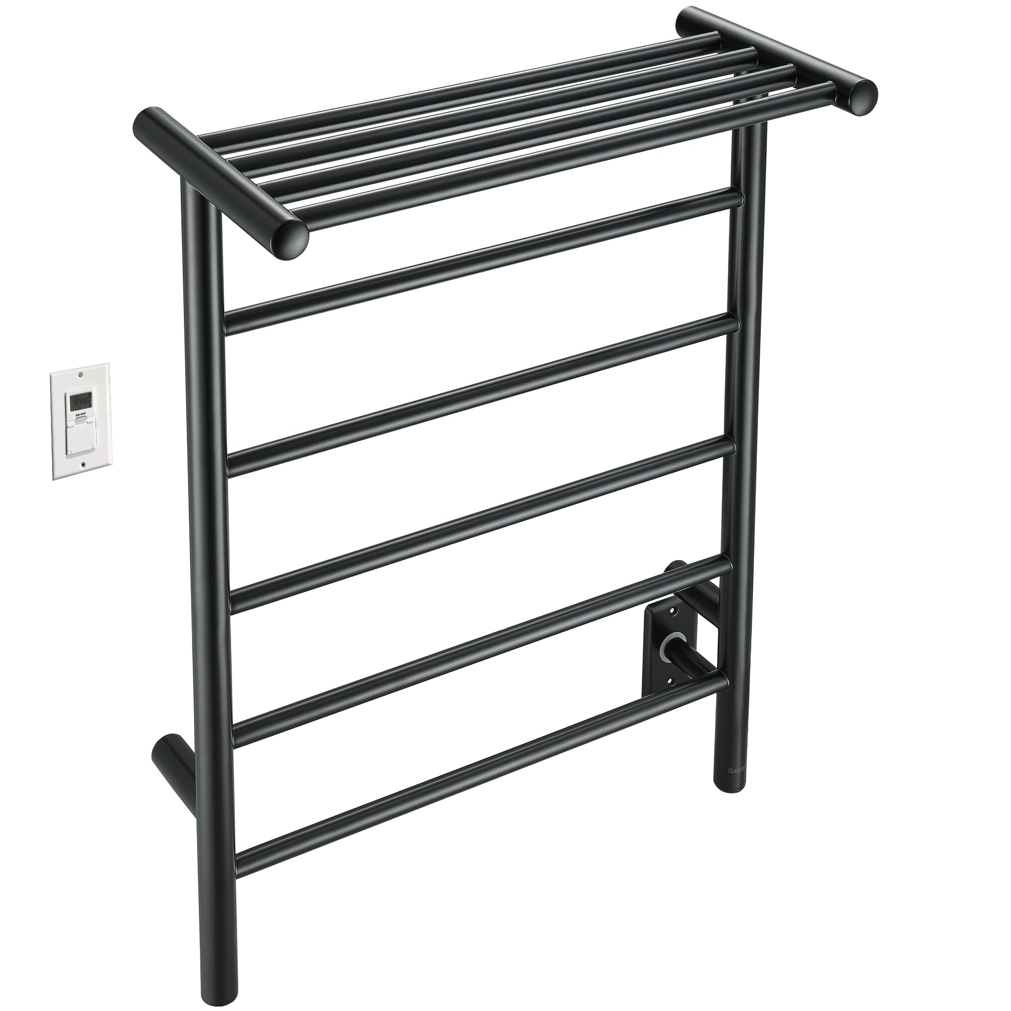 Ancona Miazzo 5 Bar Electric Wall Mount Towel Warmer - Plug In or Hardwire with Shelf & Timer - Matte Black - Perfect for Bathroom, Spa & Luxury Home Heating