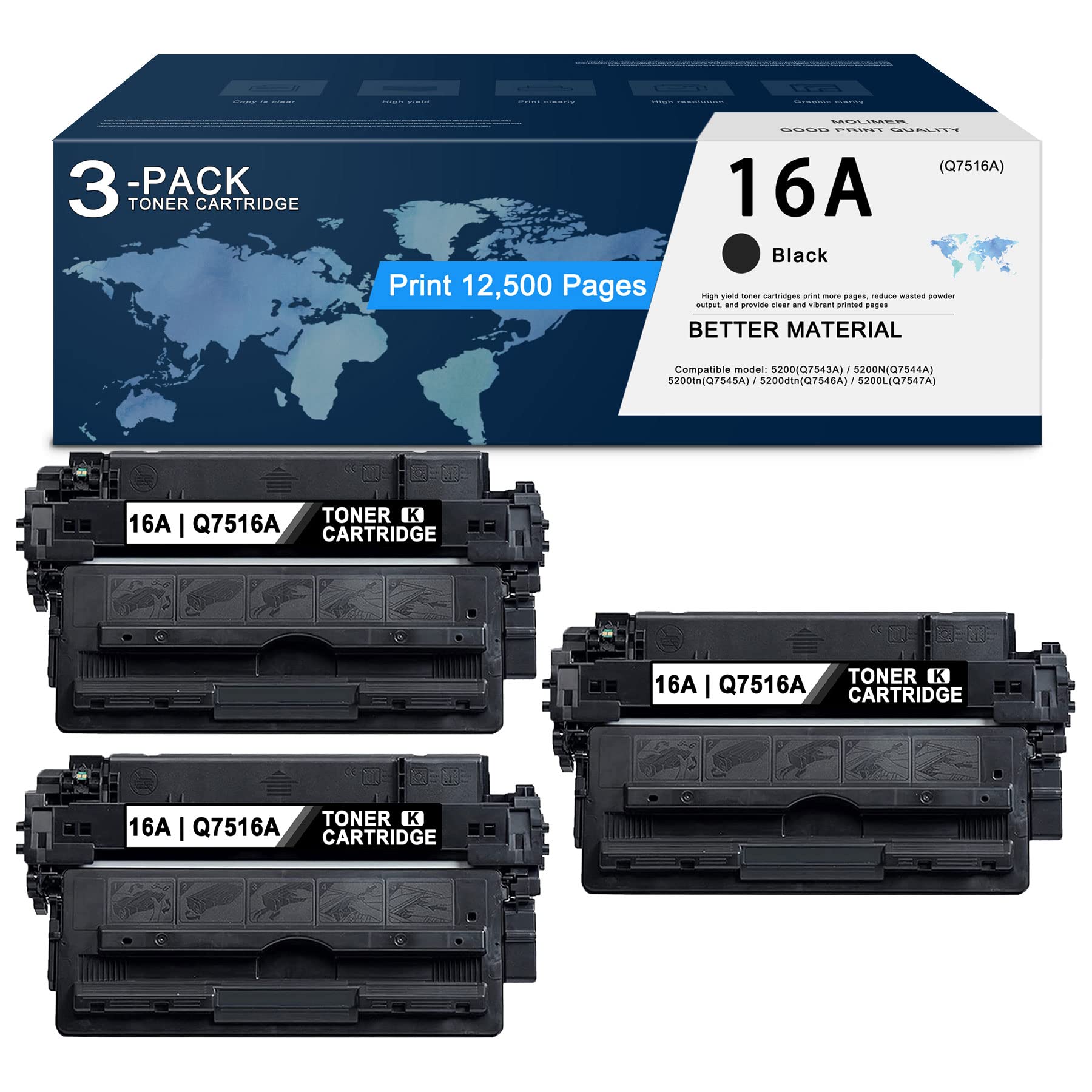 MOLIMER 3 Pack 16A Q7516A Compatible Toner Cartridge Replacement for HP 16A 5200 Series (5200, 5200dtn, 5200N, 5200tn, 5200L) - High Yield Printing for Office & Home Use