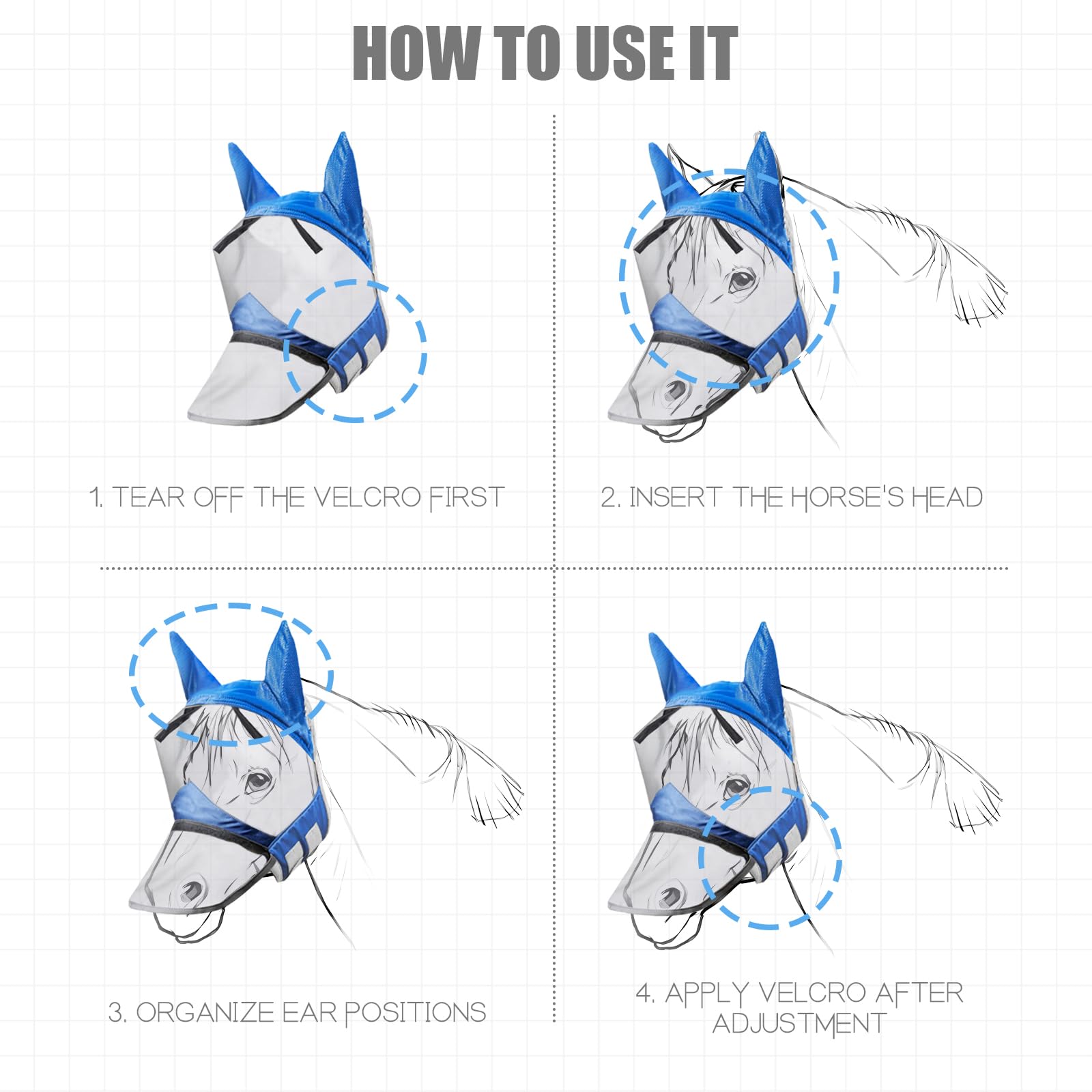 Premium Horse Fly Mask with Nose Cover & Ears Protection - Soft Mesh Fabric with Purple Trim for Summer - Blue Size L | Ideal for Pasture, Riding & Show Protection