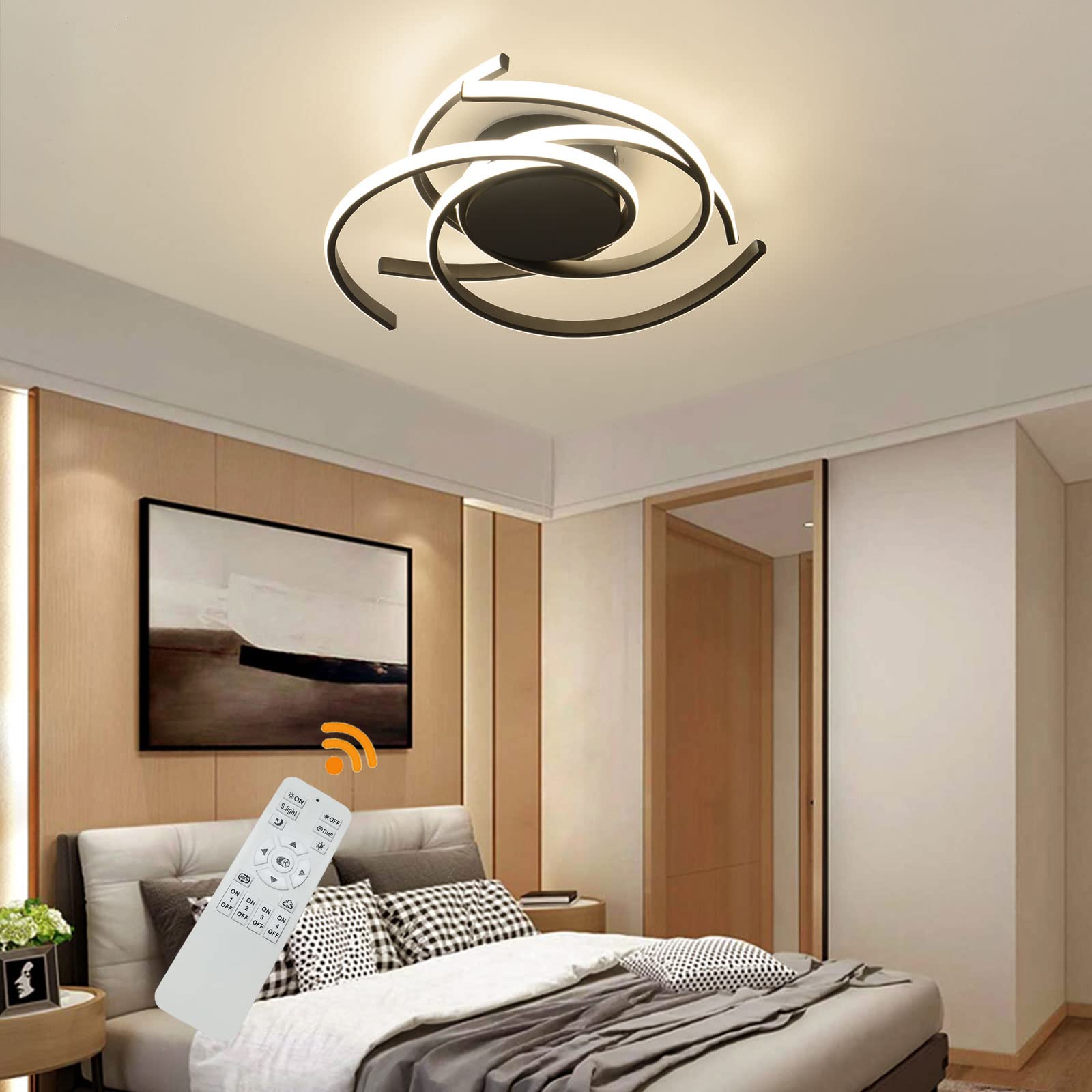 Modern LED Ceiling Light with Remote Control - Dimmable Acrylic Chandelier Flush Mount Pendant Lamp 22 Inch (56cm) Black for Living Room, Bedroom, Dining Room, Kitchen Island & Office - Energy Efficient Lighting for Home Decor & Interior Design