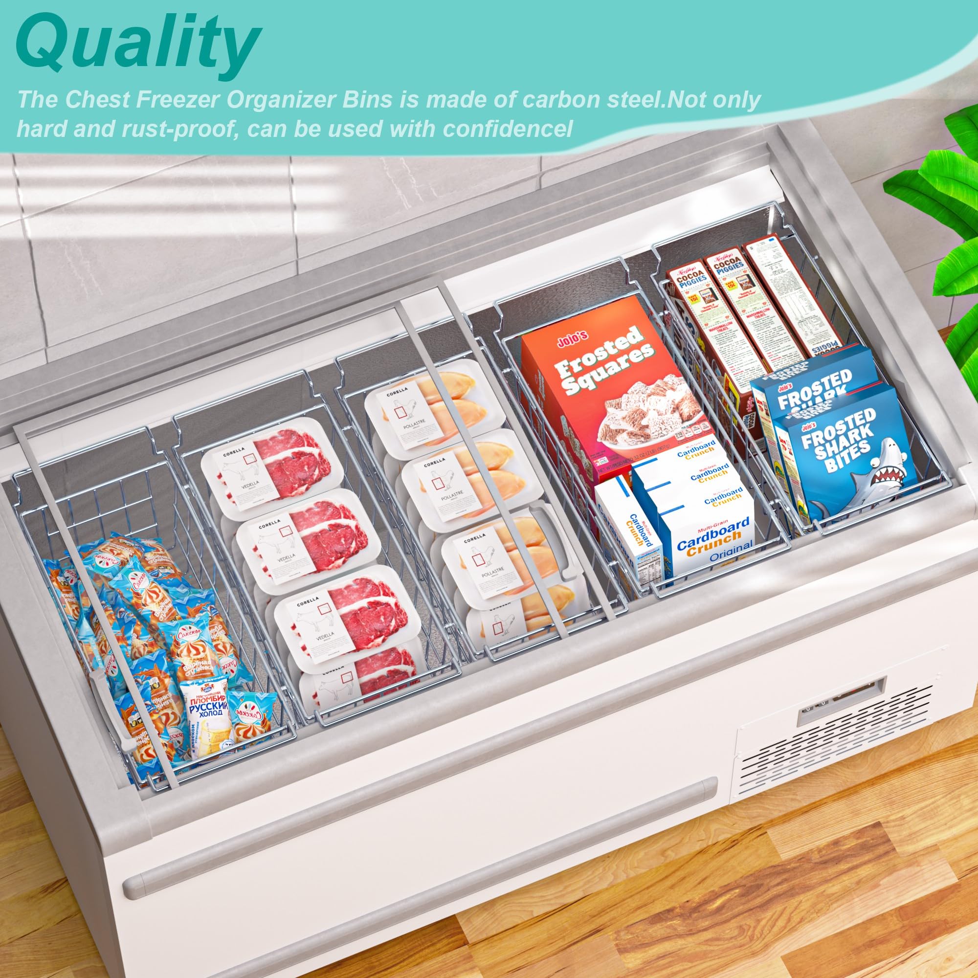 SANNO Chest Freezer Baskets - 2 Pack Stainless Steel Deep Freezer Organizer Bins with Adjustable Arms (17.5