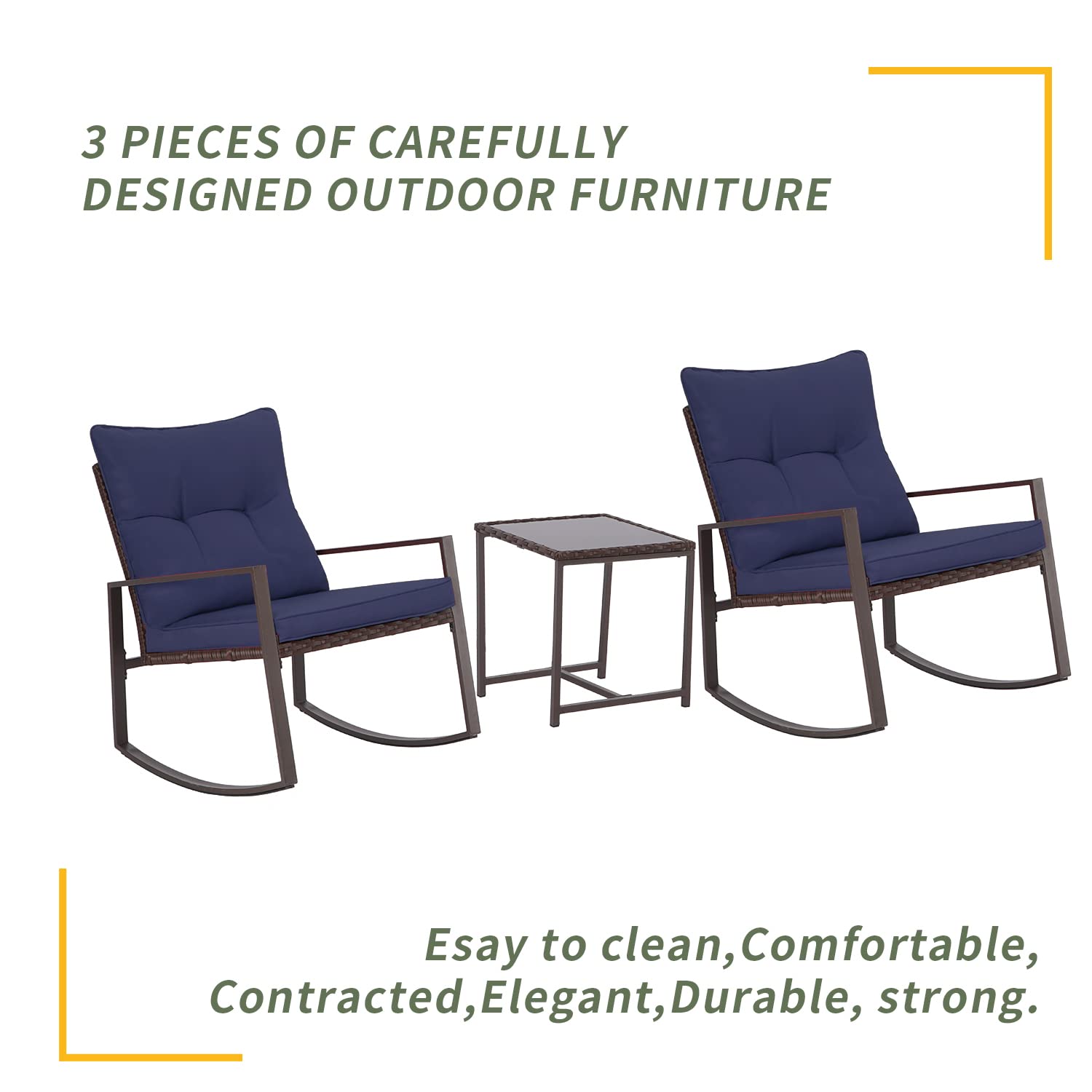 SUNCROWN 3-Piece Outdoor Rocking Chair Set - Brown Wicker Patio Bistro Chairs with Glass Coffee Table & Dark Blue Cushions - Perfect for Garden, Porch, Backyard and Poolside Relaxation