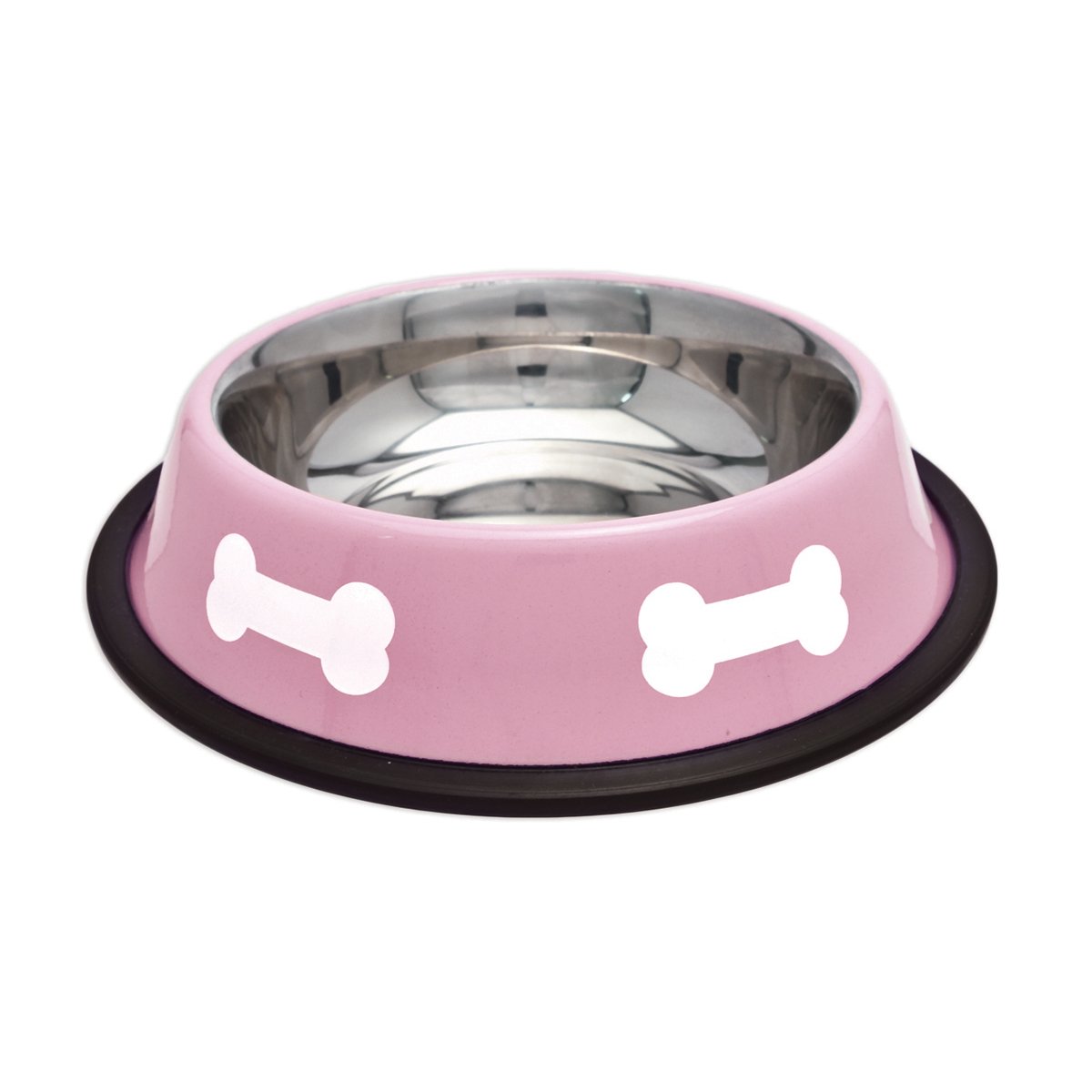 Ruffin' It Fashion Steel Dog Bowl - 16 oz Pink with White Bones Design - Durable Pet Food & Water Dish for Home, Travel & Outdoor Use