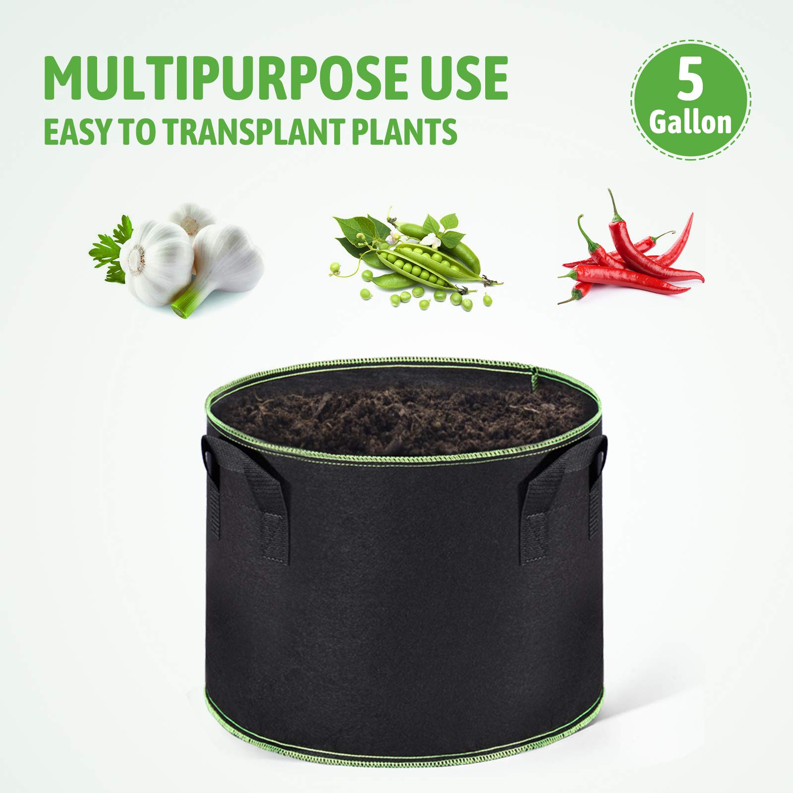 Delxo 5 Gallon Garden Grow Bags - 10 Pack Reusable Fabric Plant Pots for Vegetables, Herbs, Flowers - Breathable & Durable Planting Containers for Indoor/Outdoor Gardening, Balcony & Patio Use