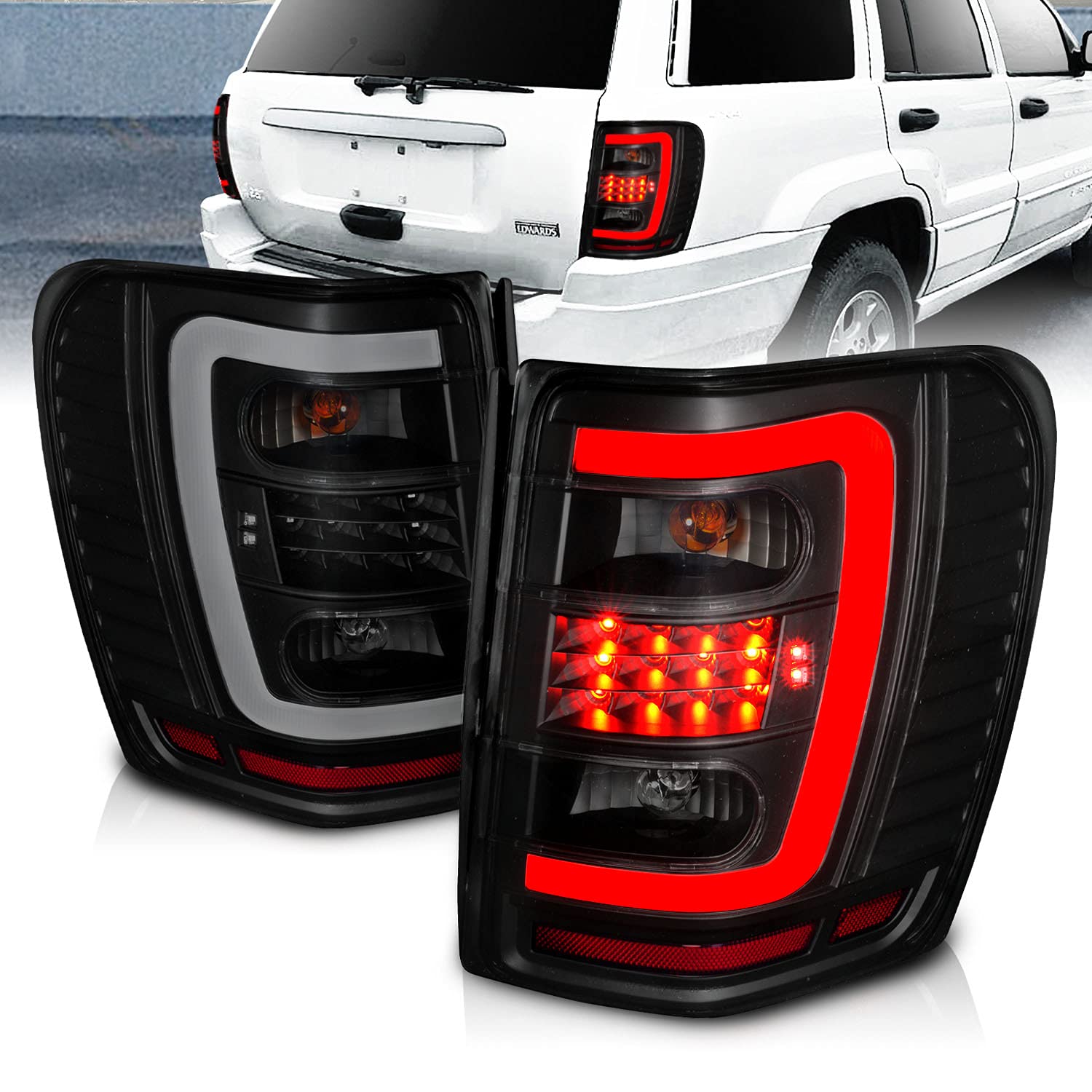 1999-2004 Jeep Grand Cherokee C-Type LED Tube Tail Lights - Dark Black Replacement Set (Driver & Passenger Side) | Enhanced Visibility & Stylish Upgrade for Off-Road Adventures & Night Driving