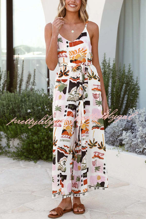 Stylish V-Neck Suspenders Wide Leg Jumpsuit with Beach Vacation Print - Perfect for Summer Outfits, Casual Wear & Vacation Essentials