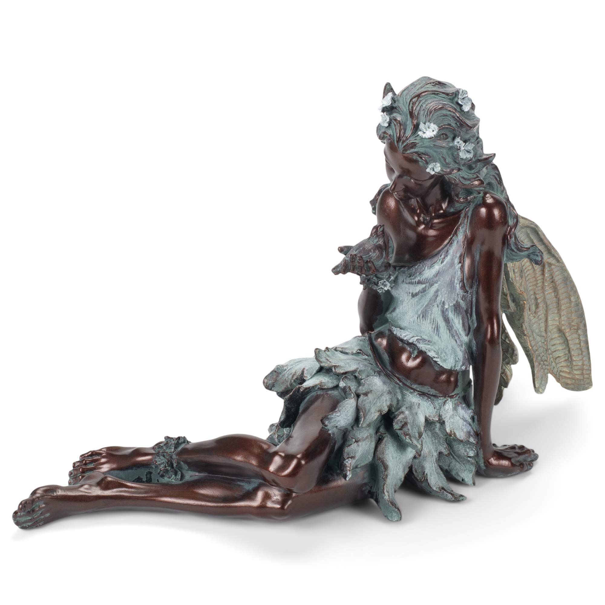 19 x 7.25 x 12 Inch Weather-Resistant Resin Fairy Garden Statue with Bird - Handcrafted Sitting Fairy Sculpture in Weathered Bronze & Stone Finish for Indoor Decor, Outdoor Patio, Lawn Ornament, and Fairy Garden Accessories