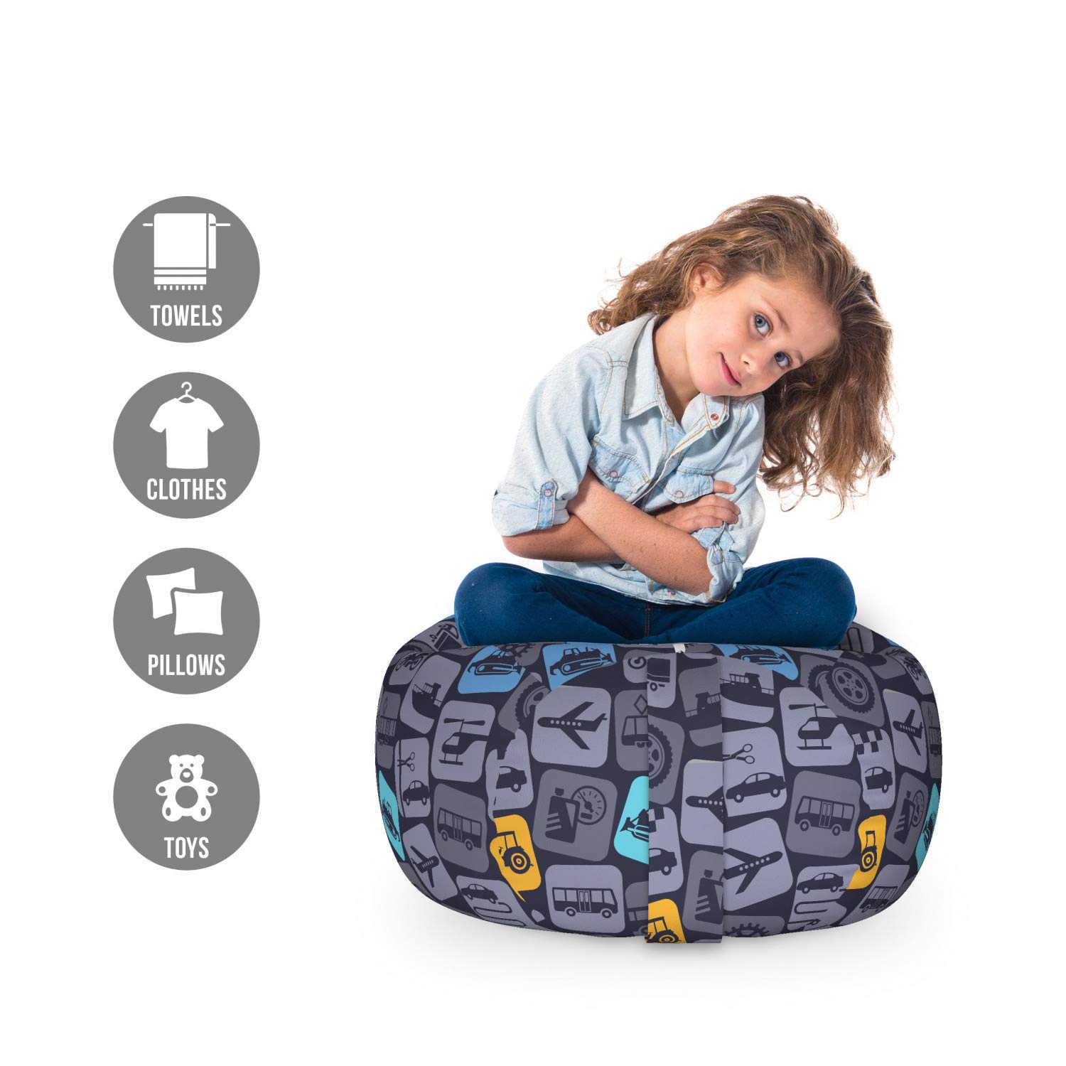 Ambesonne Vehicle Storage Toy Bag Chair - Organizer for Trucks, Cars, Wheels, Motorbikes, Airplanes & Helicopters | Washable Stuffed Animal & Toy Organizer | Small Size in Dark Taupe Grey Orange | Perfect for Kids' Room, Playroom & Travel Storage