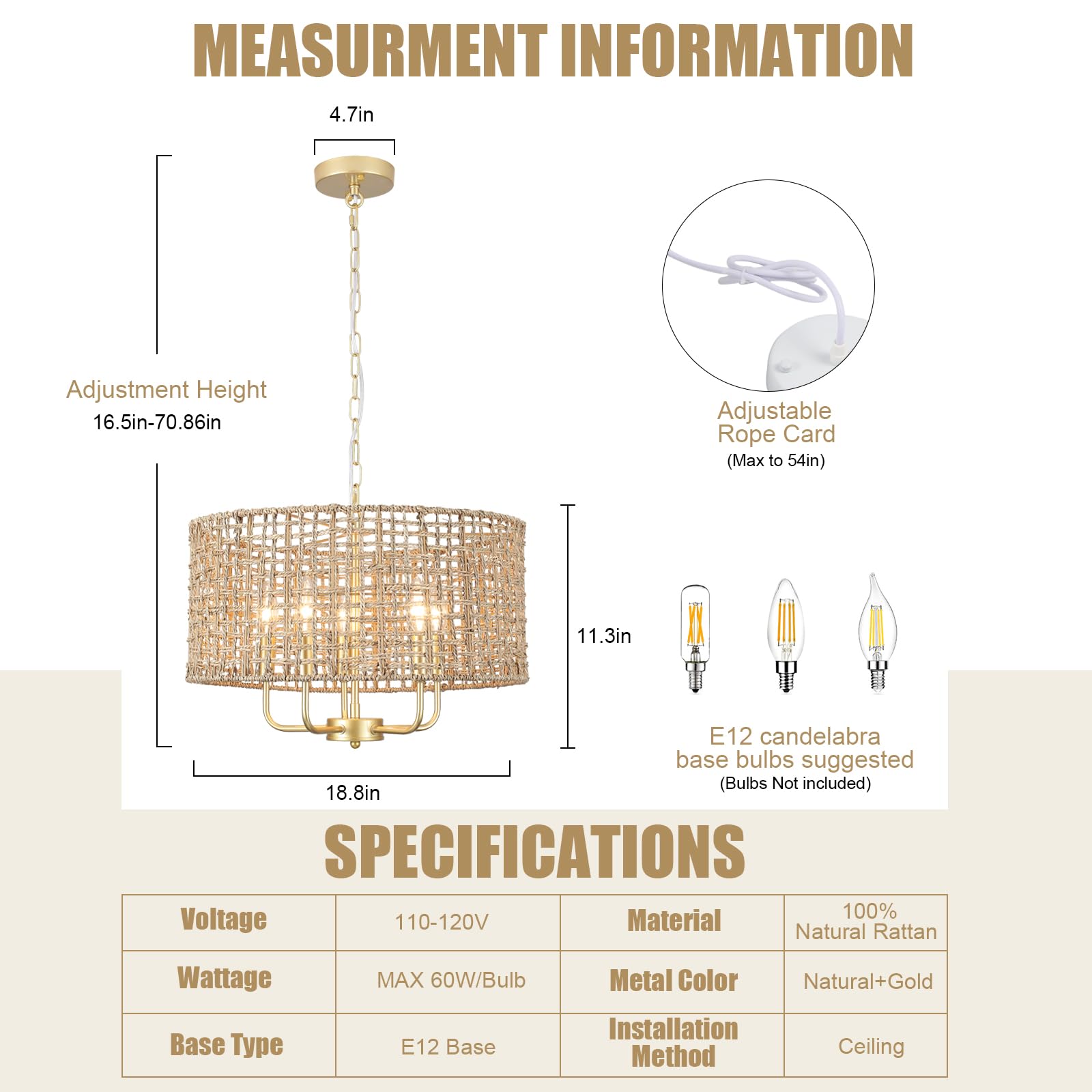 Boho Rattan Chandelier 5-Light Gold Woven Pendant Light, Coastal Wicker Drum Chandelier for Dining Room, Kitchen Island, Bedroom, Living Room, Entryway, Perfect for Farmhouse, Beach House, and Modern Interiors