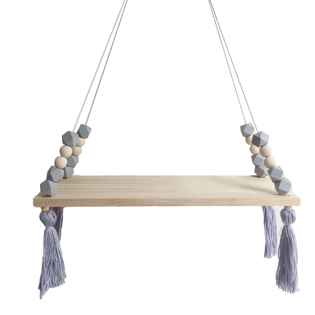 Nordic Hanging Swing Rope Floating Shelves with Tassel Beads - Wooden Wall Shelf for Kids Room Decor, Nursery Storage & Display - Light Gray - Perfect for Bedroom, Playroom and Dorm Organization
