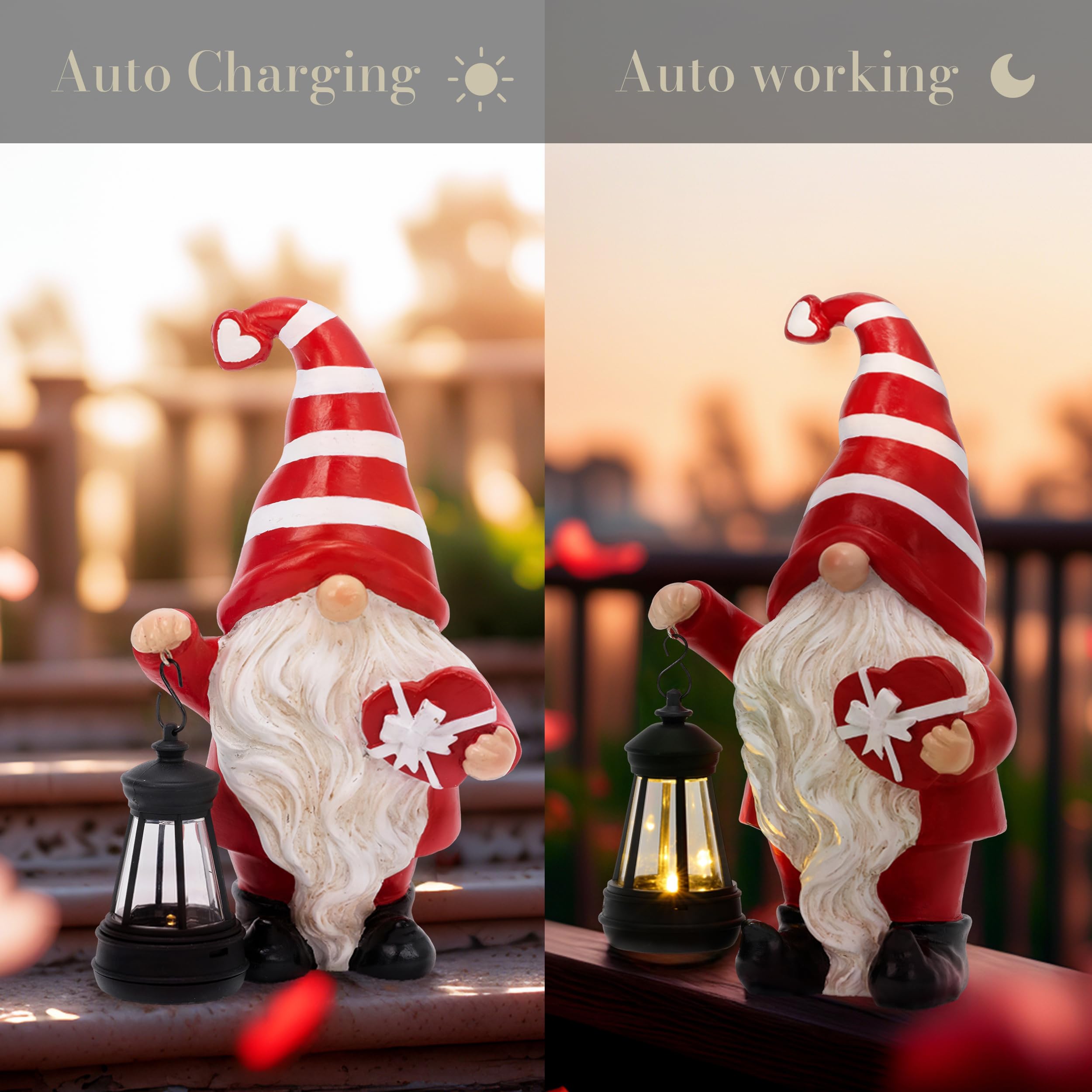 Solar-Powered Resin Garden Gnome with Gift & Lantern - 7.87 Inch Outdoor Christmas & Valentine's Day Decor - Weatherproof Yard & Garden Decoration for Patio, Lawn, Porch