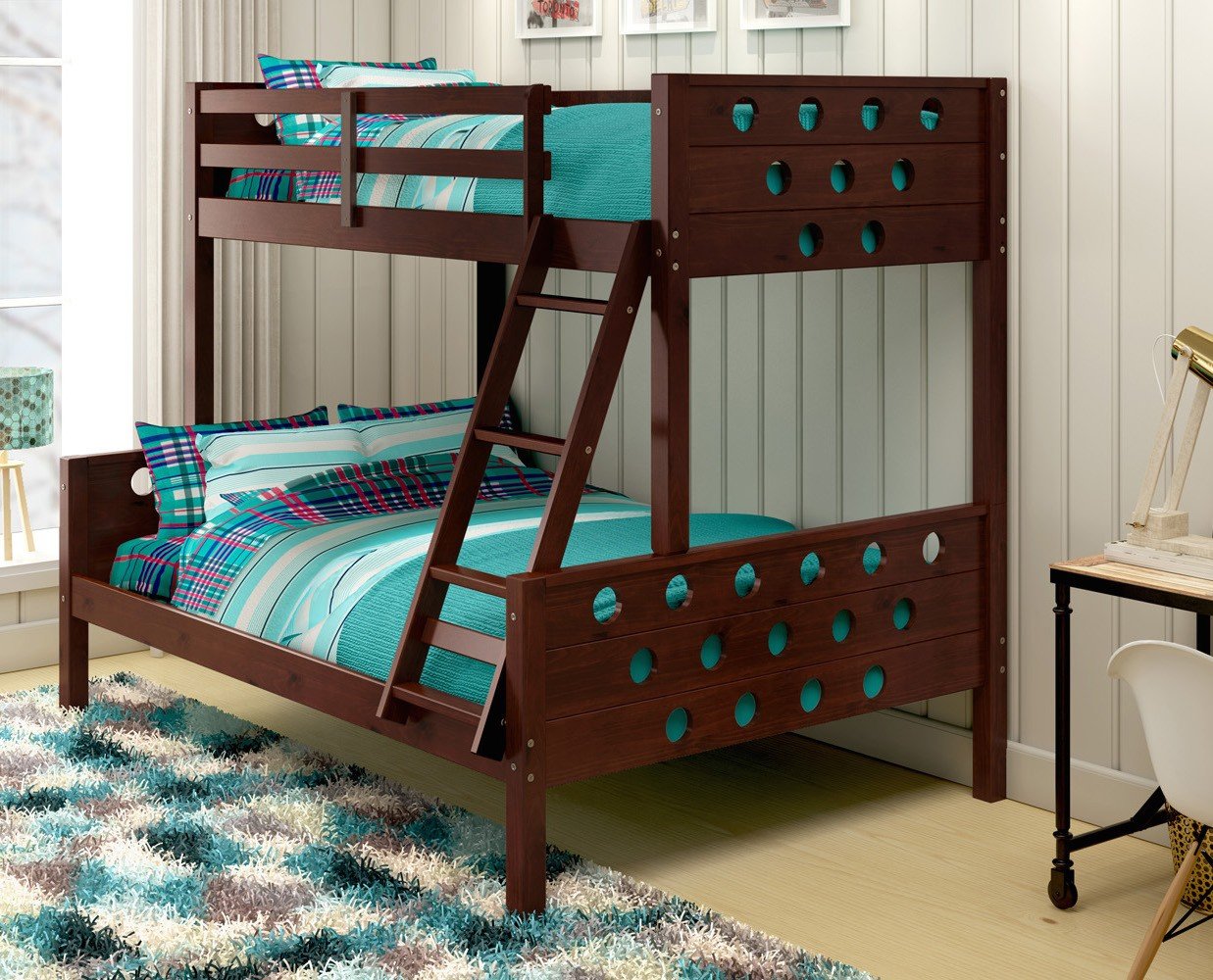 Donco Kids 1002-TFCP Circles Bunk Bed with Twin/Full Size in Dark Cappuccino Finish - Space-Saving Bedroom Solution for Kids & Teens Rooms