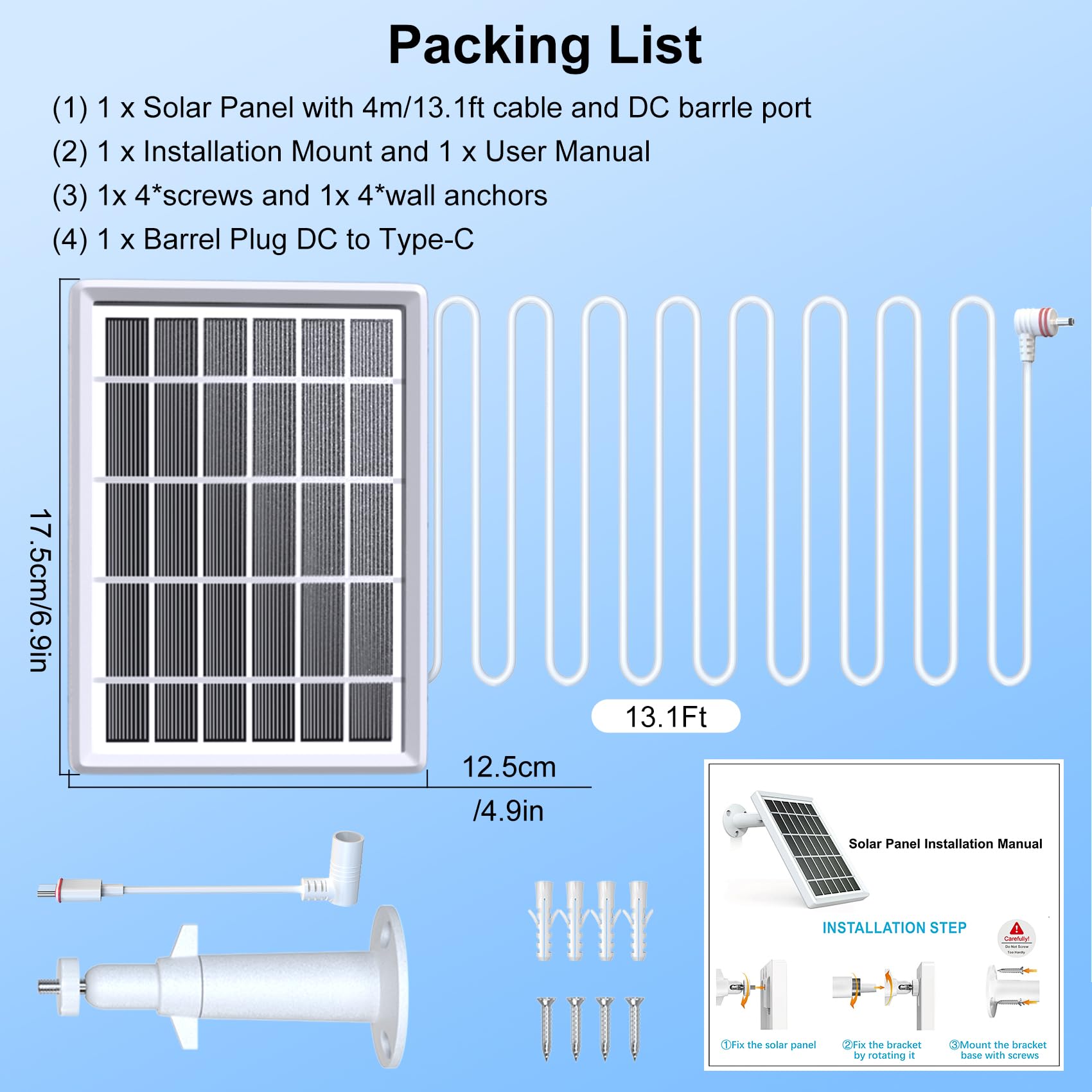 6V 3W Solar Panel for Ring Camera - Compatible with Ring Spotlight Cam Plus/Pro/Battery & Stick Up Cam Battery - 13.1Ft Fast Charging Cable with USB-C & DC3.5mm Ports - Outdoor Security Camera Solar Charger for Home Surveillance & Weatherproof Protection