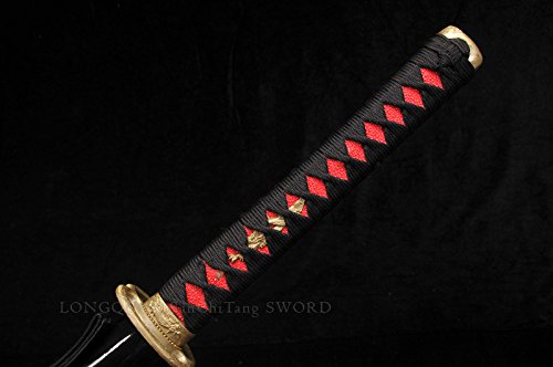 Handmade Damascus Steel Japanese Samurai Katana Sword - Real Functional Full Tang Blade with Red Scabbard - Perfect for Martial Arts Training, Cosplay, and Collectors Display