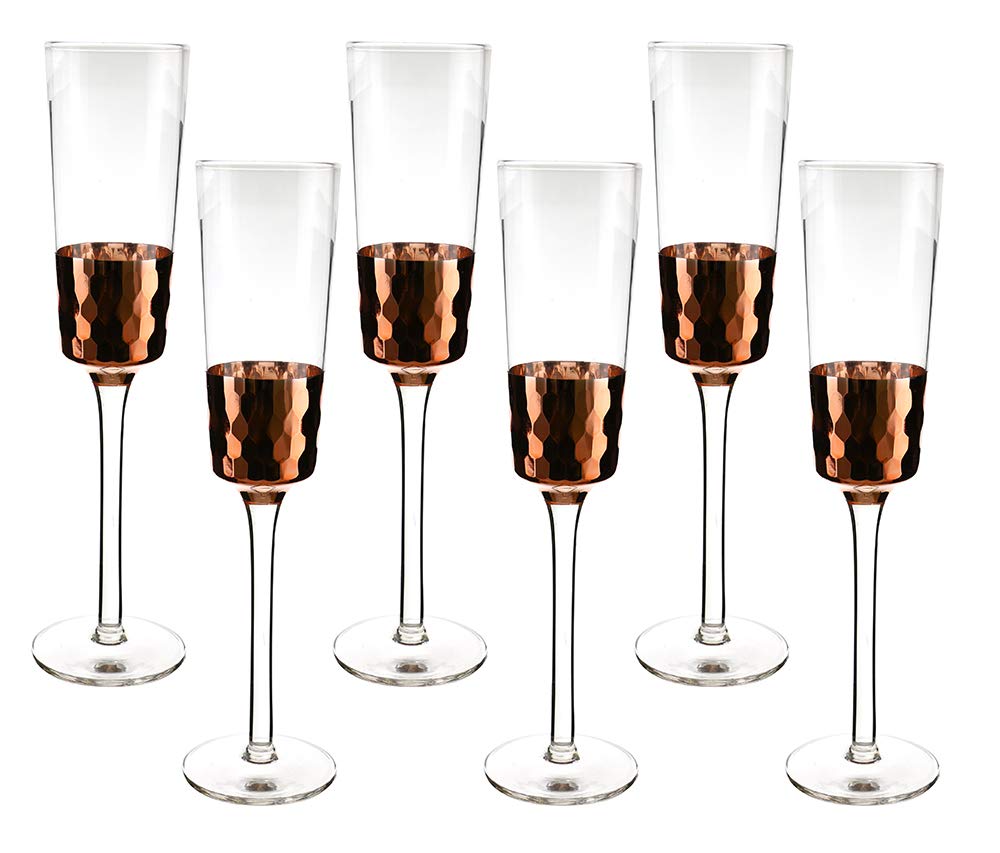 Premium Crystal Wine Flute Glasses Set of 6 - Elegant Copper Bowl & Fish Scale Design for Champagne, Prosecco & Sparkling Wine - Perfect for Weddings, Parties & Romantic Dinners