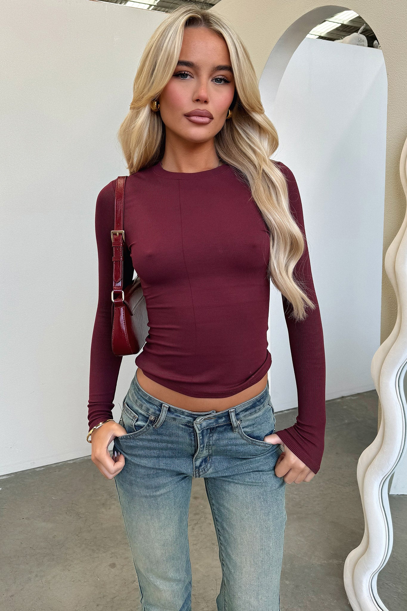 Jaylee Women's Long Sleeve T-Shirt - Soft Casual Wine Red Blouse for Everyday Wear, Work & Fall Outfits