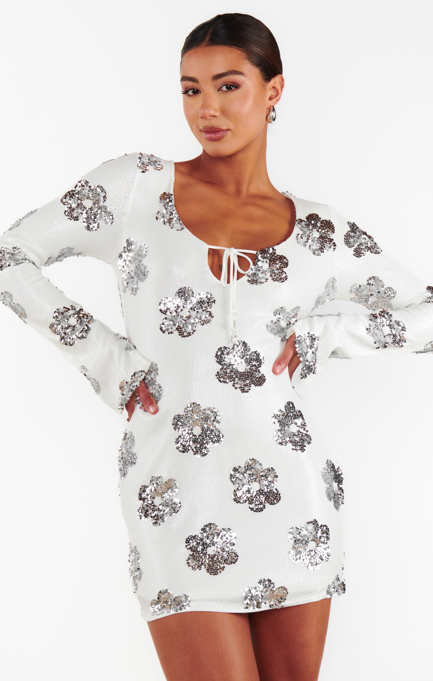 Matilda Mini Dress with Daisy Sequins - Elegant White Party Dress for Women | Perfect for Cocktail Parties, Weddings & Special Occasions