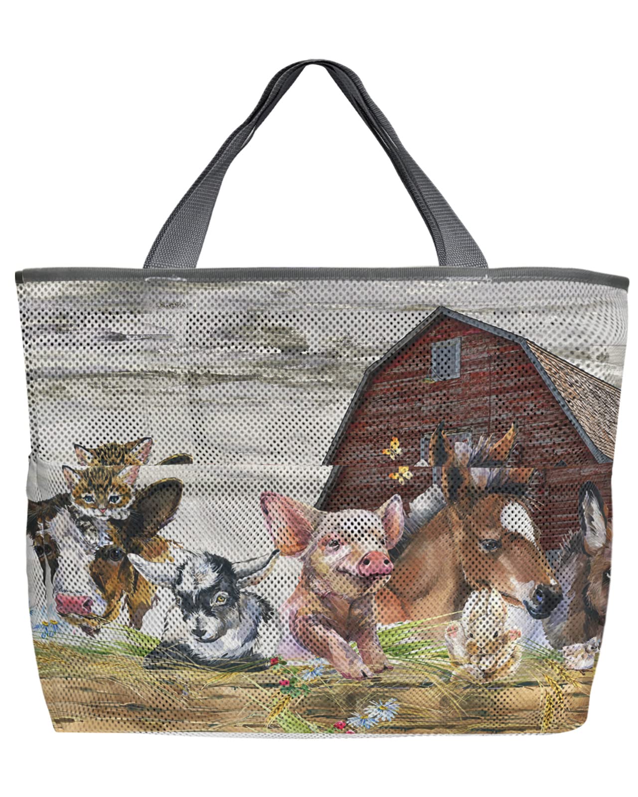 Farm Barn Animals Mesh Beach Tote Bag - 60L Oversized Quick-Dry Swim Bag with Pockets | Black & White Abstract Art Design | Foldable Lightweight Grocery & Toy Storage Net Bag (24