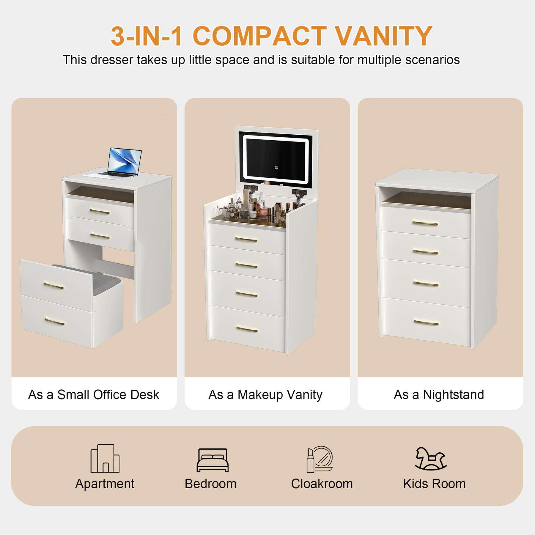 3 in 1 Compact Vanity Desk with Flip-Up Mirror & LED Lights - Small Makeup Table with 3 Drawers, Storage Stool & Glass Top - Multifunctional Dressing Table for Bedroom, Bathroom or Dorm Room - White (Medium)