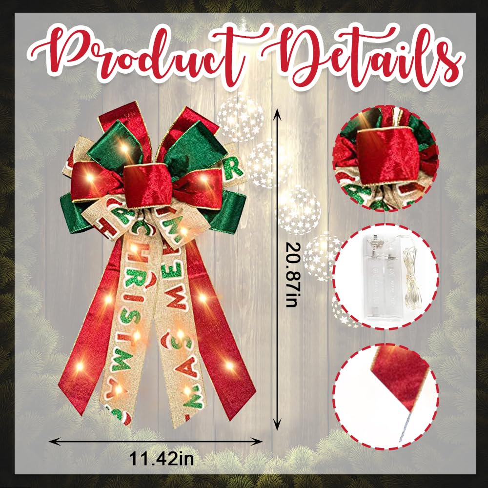 Large LED Christmas Bows for Wreaths - Red & Green Velvet Bow with Battery-Operated Lights - Xmas Tree Topper & Front Door Decor - Perfect for Holiday Parties, New Year & Christmas Decorations