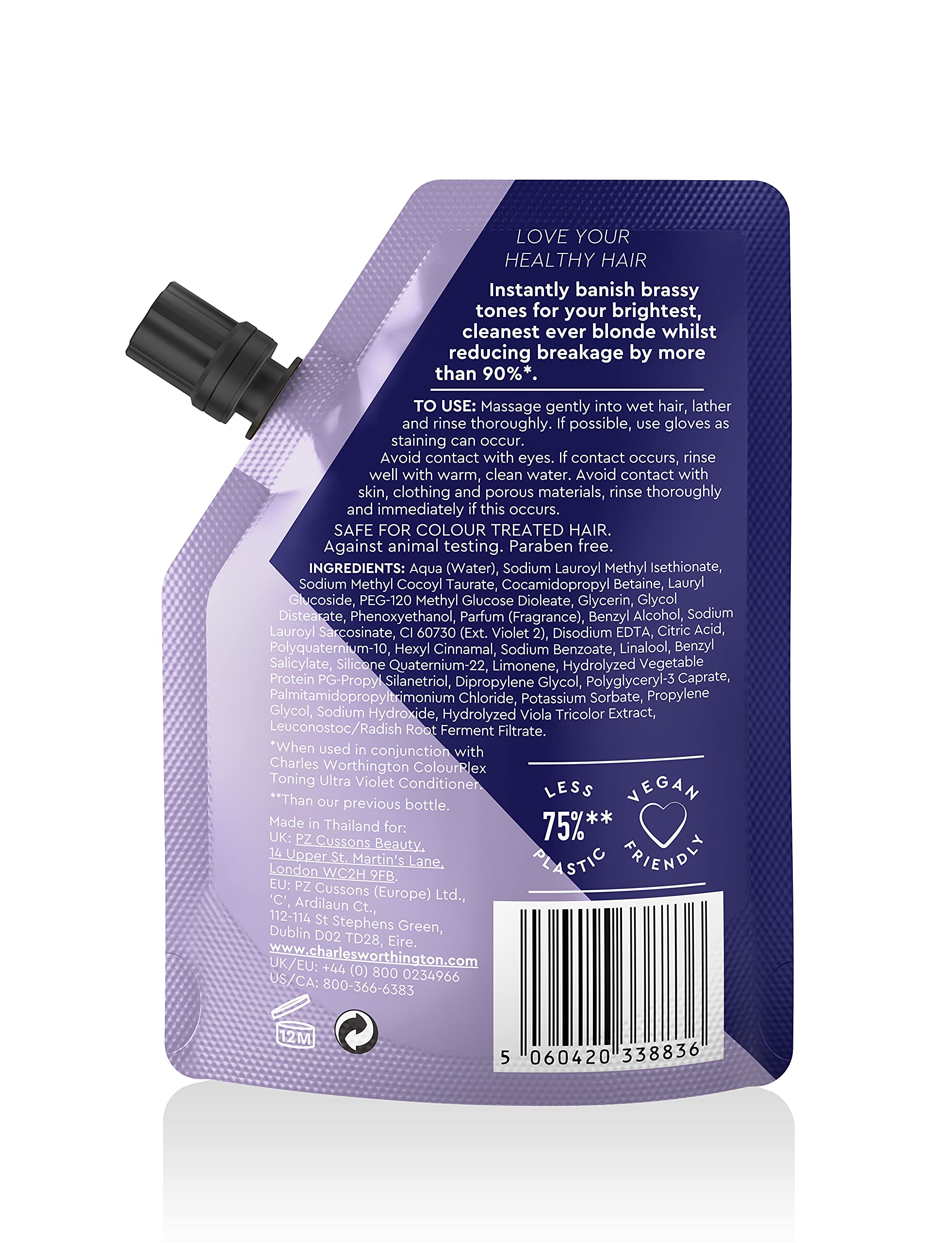 Charles Worthington Colourplex Toning Ultra Violet Shampoo - Travel Size 75ml | Purple Shampoo for Blonde & Silver Hair | Neutralizes Brassiness & Enhances Cool Tones | Perfect for On-the-Go & Salon-Quality Results at Home