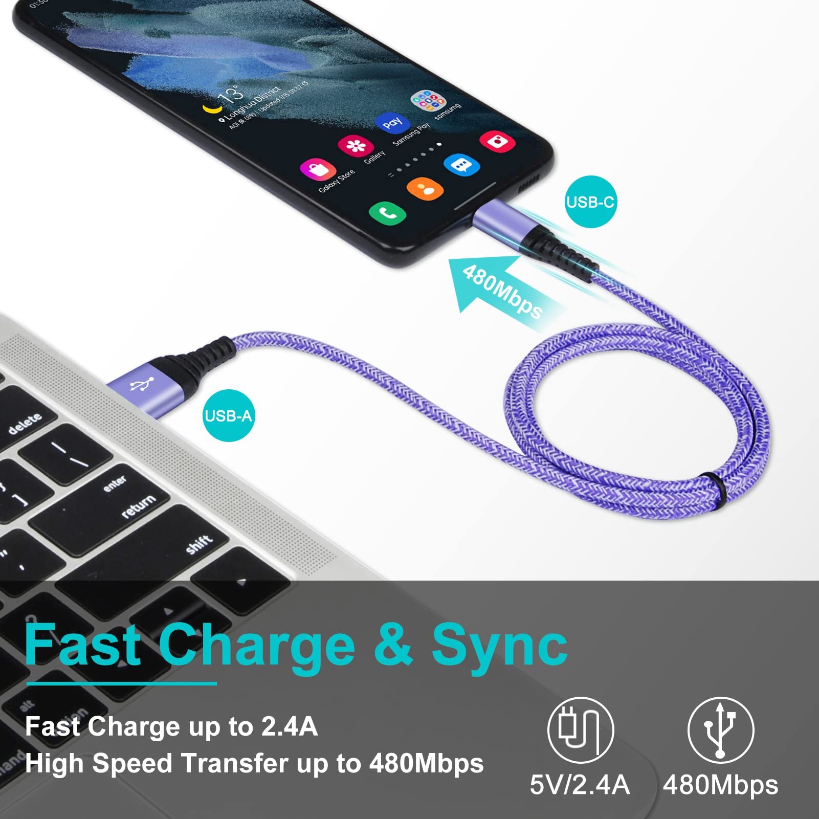 3-Pack USB C Fast Charger Cable 3FT/0.9M - Compatible with Samsung Galaxy S25/S24/S23/S22/S21/S20/A12/A13/A145G/A22/A33/A50/A52 & Huawei P40/P30/P20 Lite - High Speed Charging for Home, Office & Travel