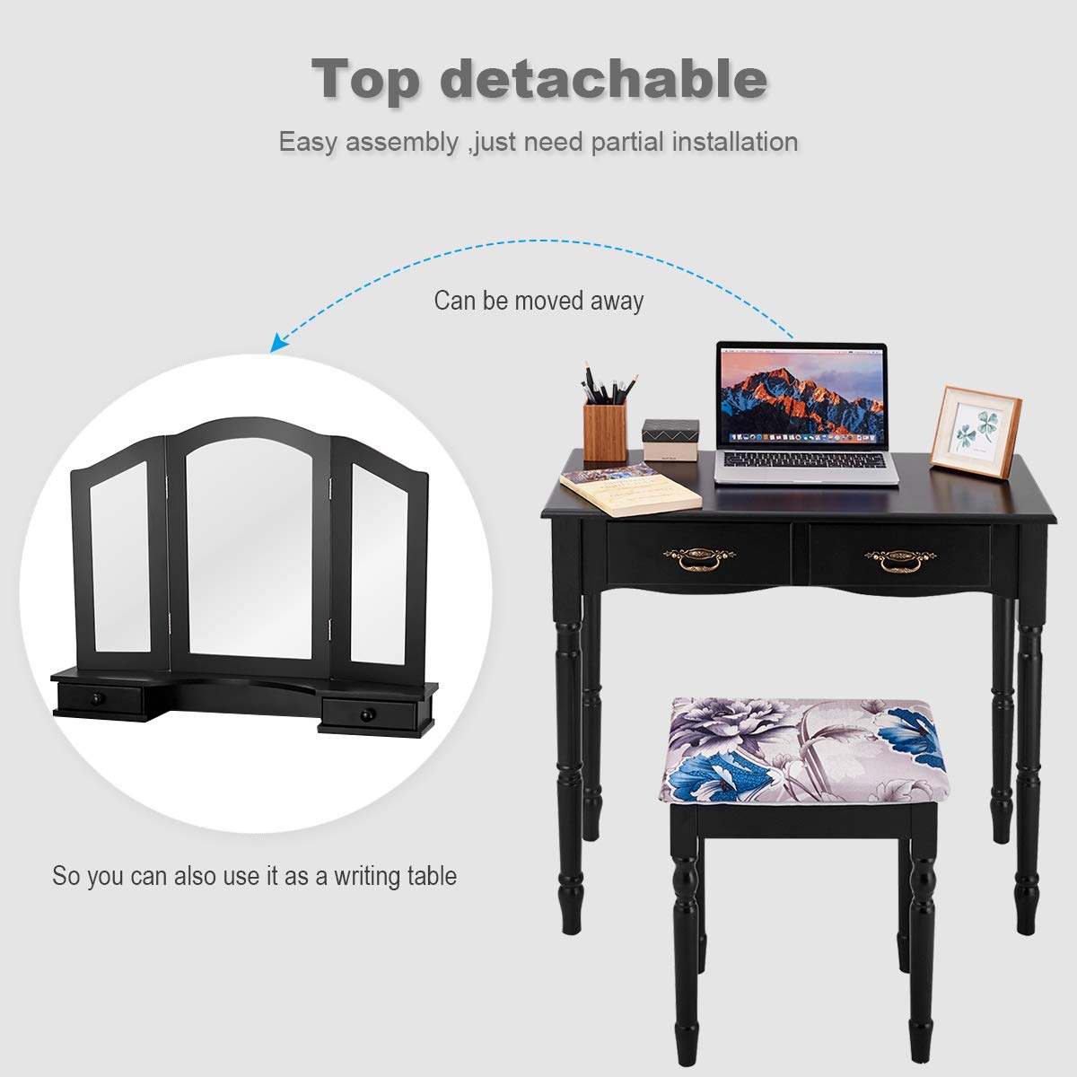 GOFLAME Vanity Table Set with Tri-Folding Mirror, 4 Drawers & Spacious Tabletop - Detachable Makeup Dressing Table with Cushioned Stool for Bedroom (Black) | Perfect Makeup Organizer for Small Spaces & Beauty Routine