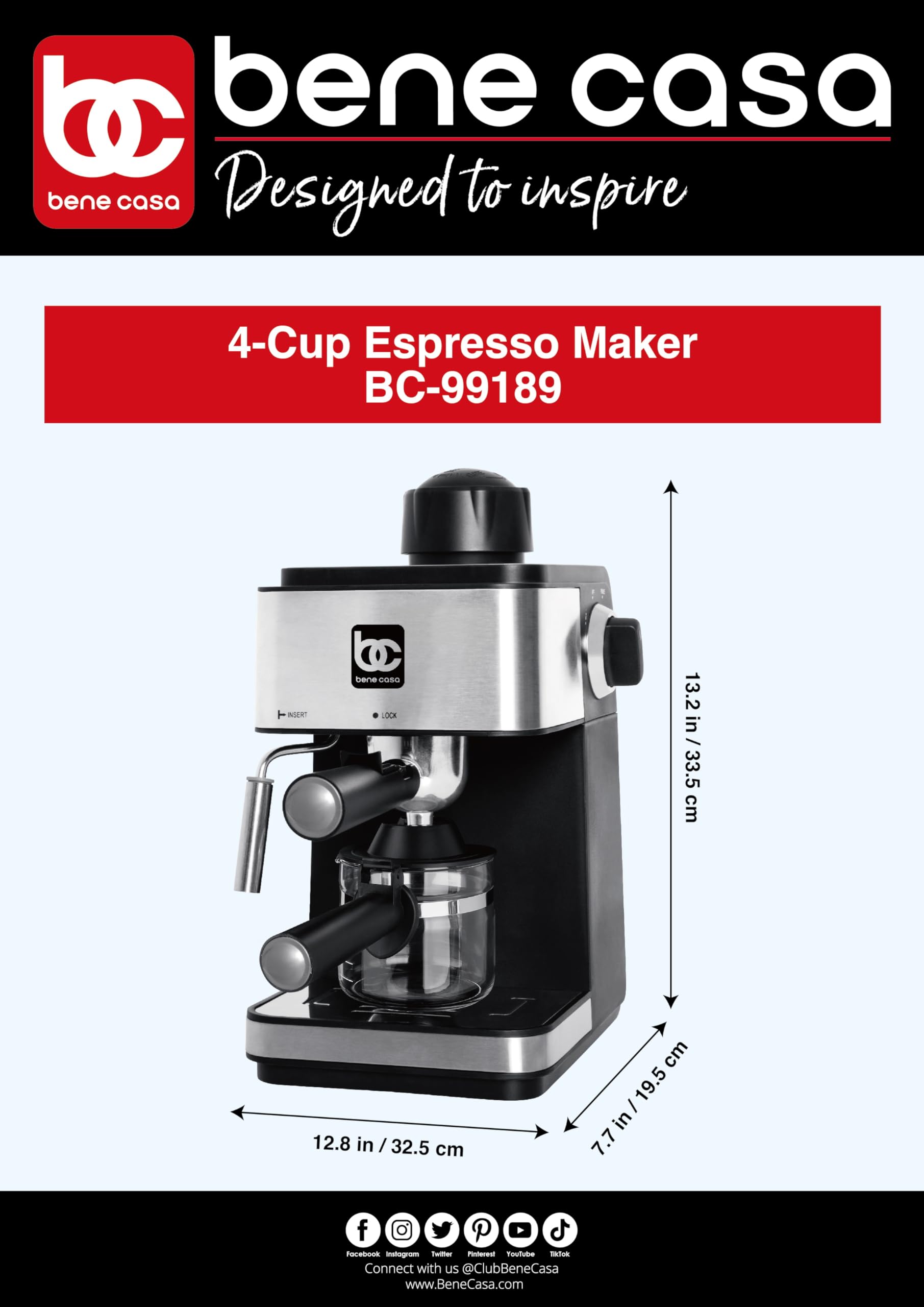 Bene Casa BC-99189 4-Cup Stovetop Espresso Maker - Perfect for Home, Office & Camping Coffee Brewing