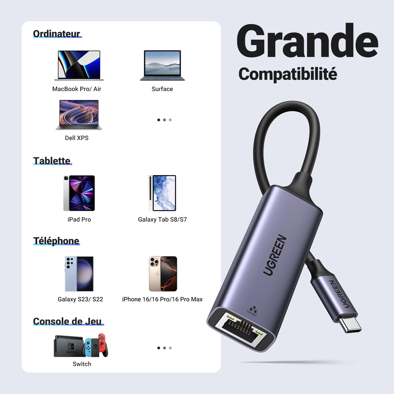 UGREEN USB C to Ethernet Adapter, Gigabit Thunderbolt 3 to RJ45 LAN Network Converter 1Gbps, Compatible with iPhone 16/15 Pro Max, MacBook, iPad Air 2024, Surface Pro 10, Galaxy S24 Ultra/Tab S9 (Gray) - Perfect for Home Office, Gaming & 4K Streaming