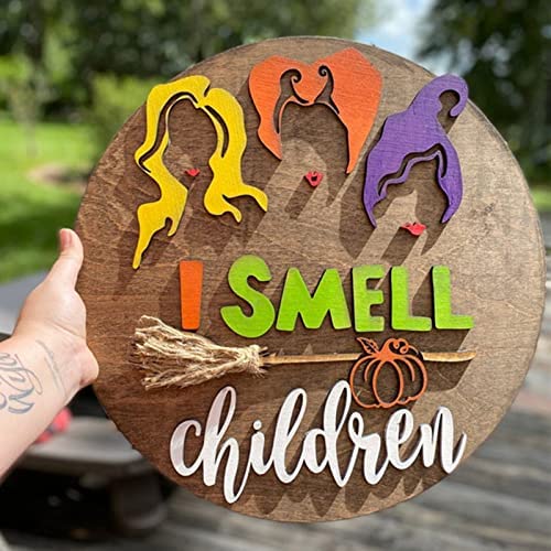 Halloween Wooden 'I Smell Children' Door Hanger - Witch Ornament & Hocus Pocus 3D Wall Decor for Outdoor, Front Door, and Porch - Perfect for Spooky Halloween Party Decorations and Haunted House Themes