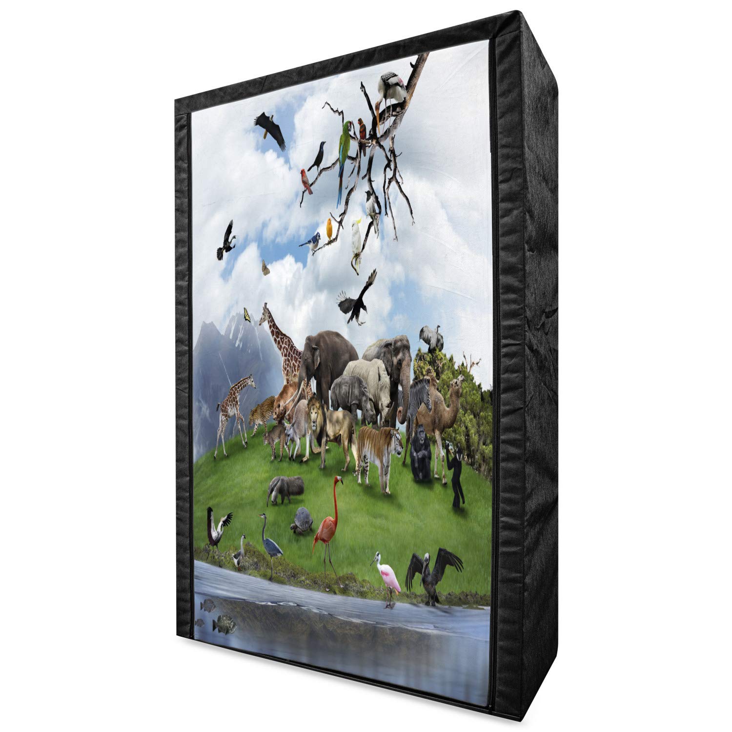 Ambesonne Africa Portable Fabric Wardrobe - Tropical Animal Print with Lions, Parrots, Elephants & Flamingos - 42.5