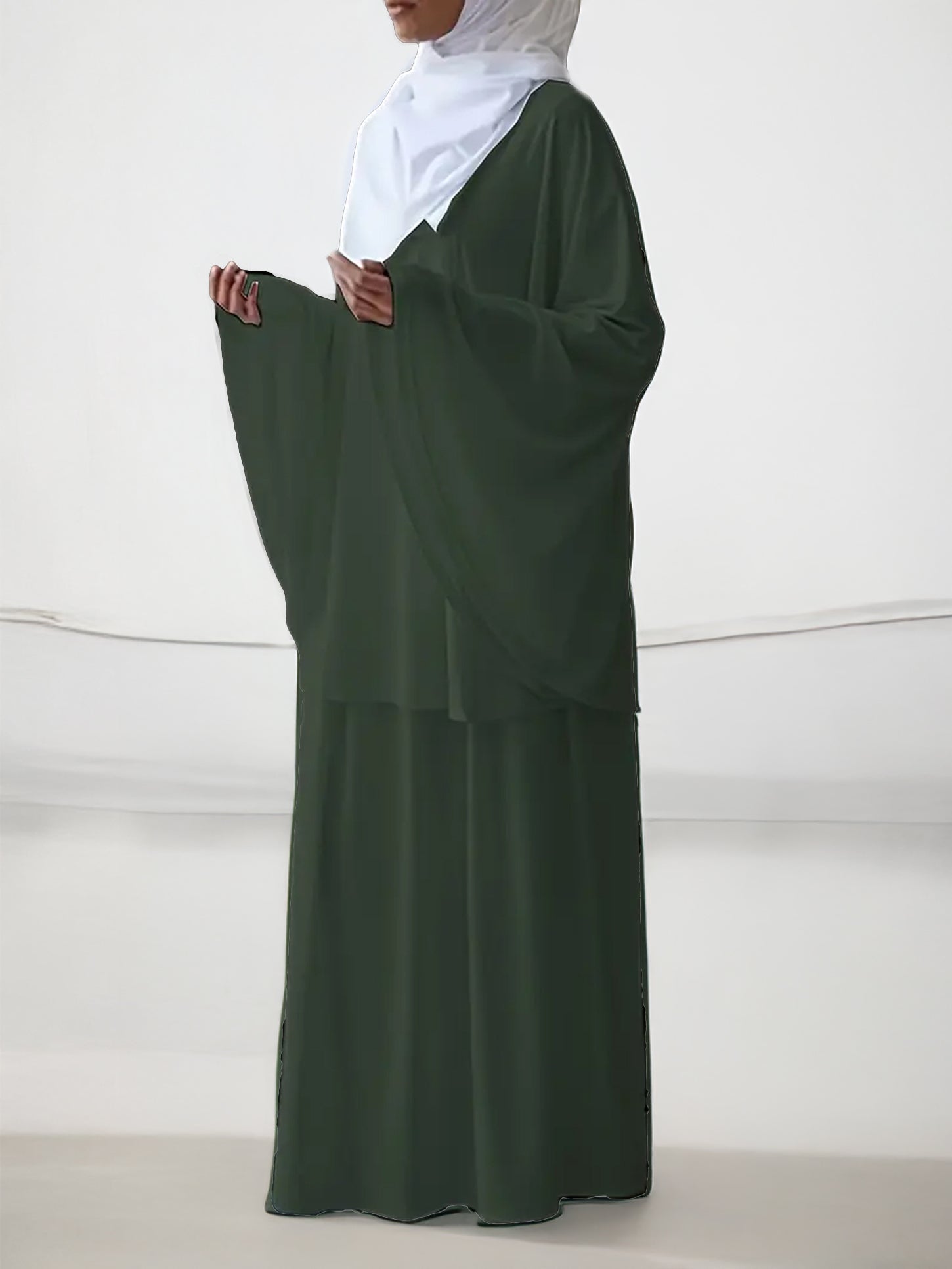 Elegant Satin Batwing Sleeve Abaya Set with Maxi Skirt & Top - Muslim Women's Prayer Dress for Mosque, Eid & Special Occasions
