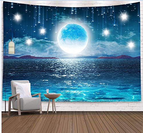Starry Sky Ocean Moon & Stars Large 3D Cosmic Galaxy Tapestry - 60x60 Inch Wall Hanging Decor for Bedroom, Living Room | Perfect for Boho Home Decor, Dorm Room Aesthetic & Meditation Space