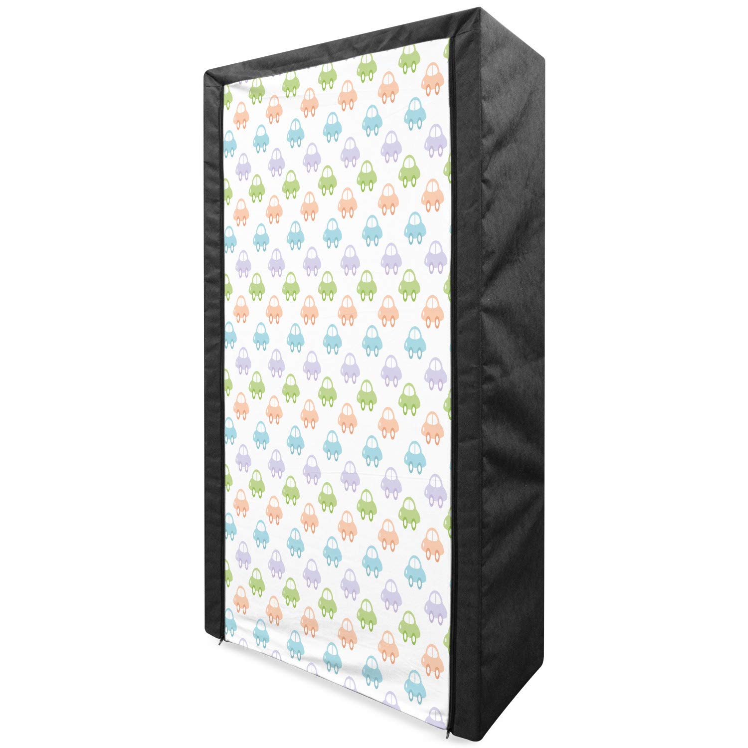 Ambesonne Cars Portable Fabric Wardrobe Closet - Pastel Color Automobile Design with Shelves for Kids' Room, 33.5 Inch Multicolor Clothing Organizer | Perfect for Nursery, Bedroom & Travel Storage Solutions