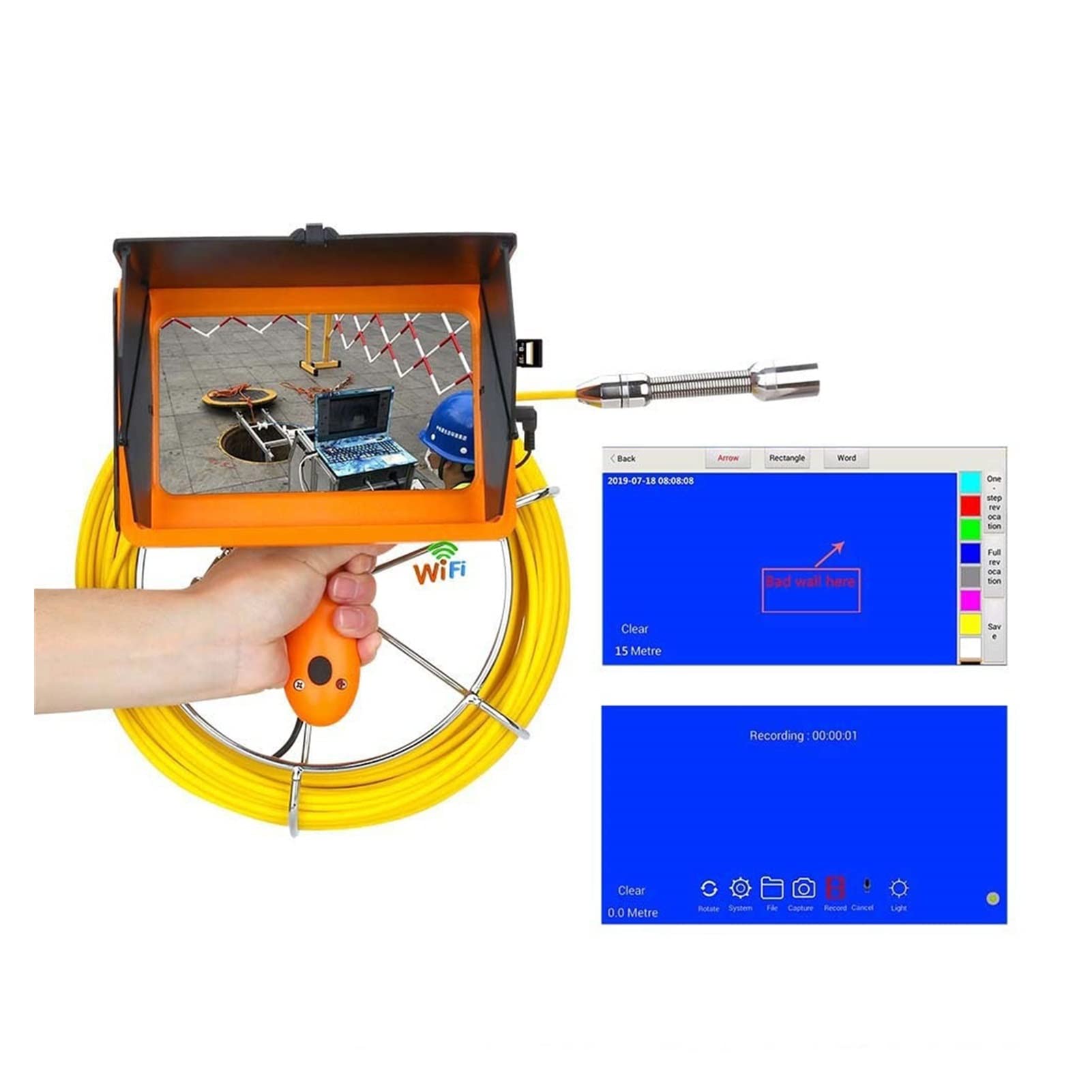 HUACHEN-LS 10M Yellow Endoscope Camera for Pipe & Sewer Inspection with DVR