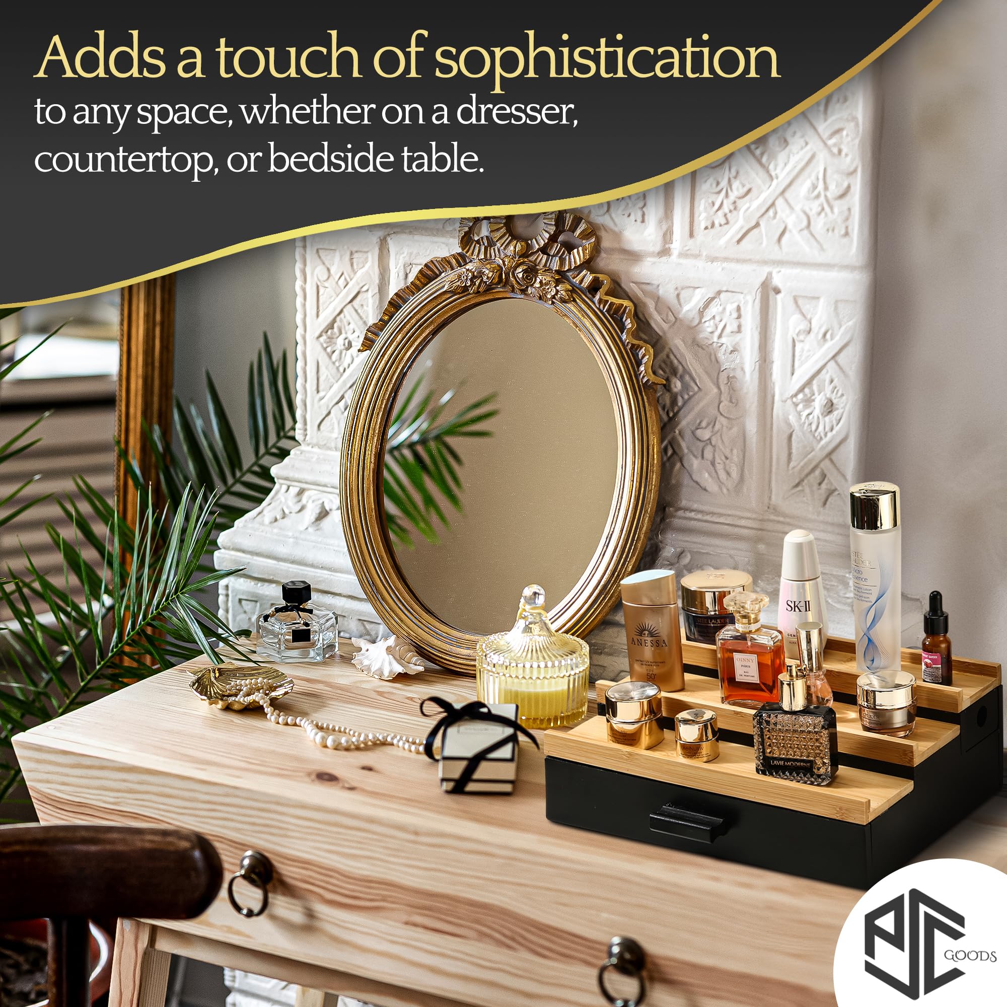3 Tier Wooden Cologne Organizer for Men with Hidden Compartment & Drawer - Stylish Cologne Stand & Holder for Fragrance Display - Perfect for Dresser, Bathroom or Gift for Him