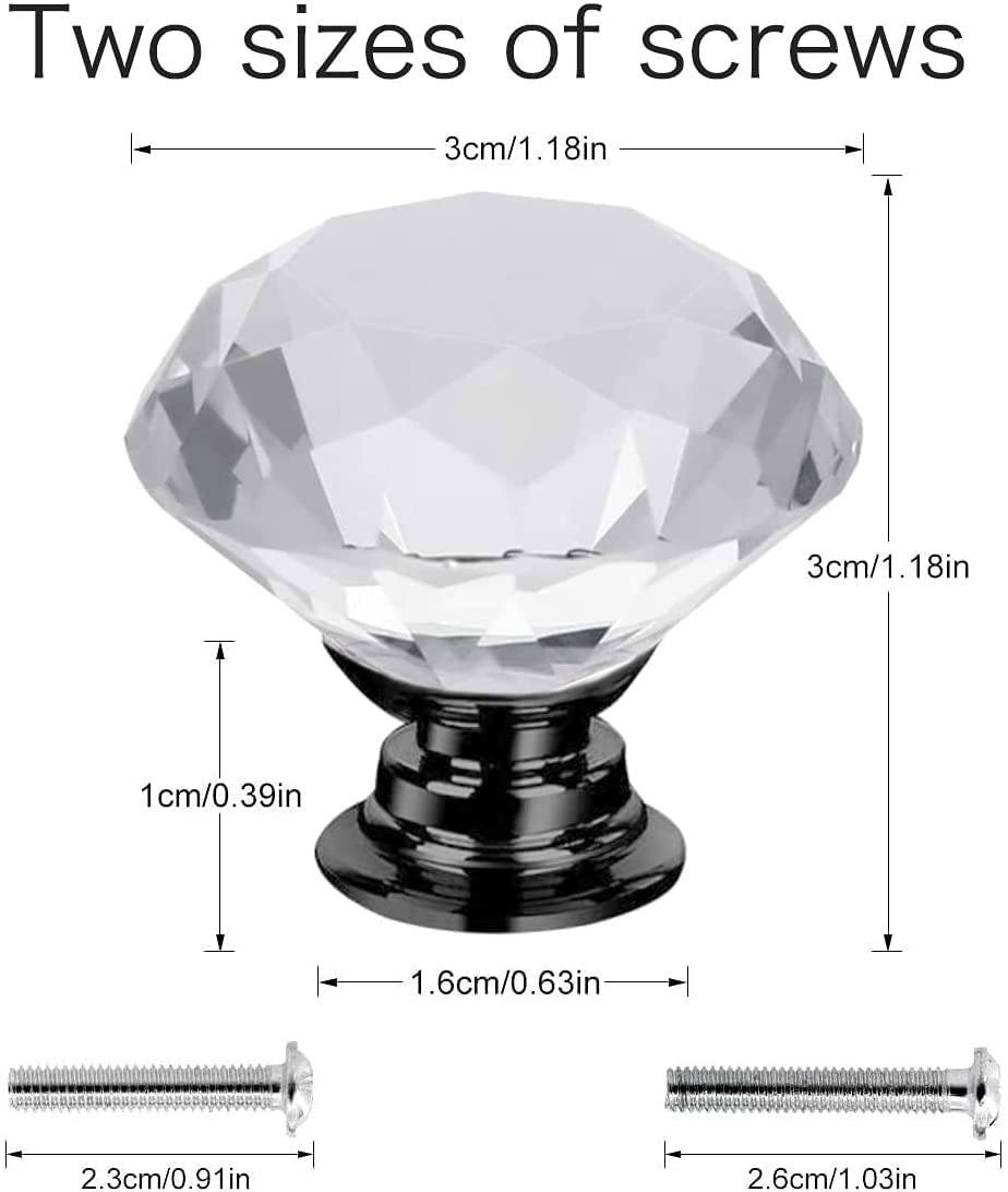 6 Pcs Crystal Glass Cabinet Knobs - Diamond Shape Drawer Pulls for Kitchen Wardrobe (30mm, Clear-Black)