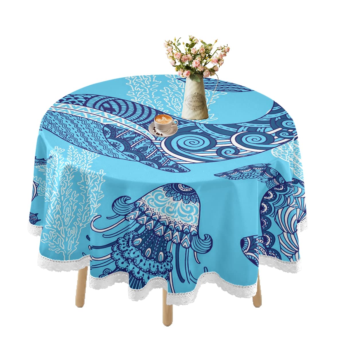 Waterproof Round Tablecloth 60 Inch - Whale Jellyfish Turtle Design for Outdoor Dining, Picnics & Parties