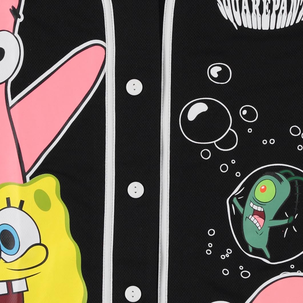 SpongeBob SquarePants Women's Baseball Jersey - Cartoon Character Button Down Shirt (Spongebob, Mr. Krabs, Squidward, Patrick) - Breathable Mesh Fabric for Casual Wear & Cosplay