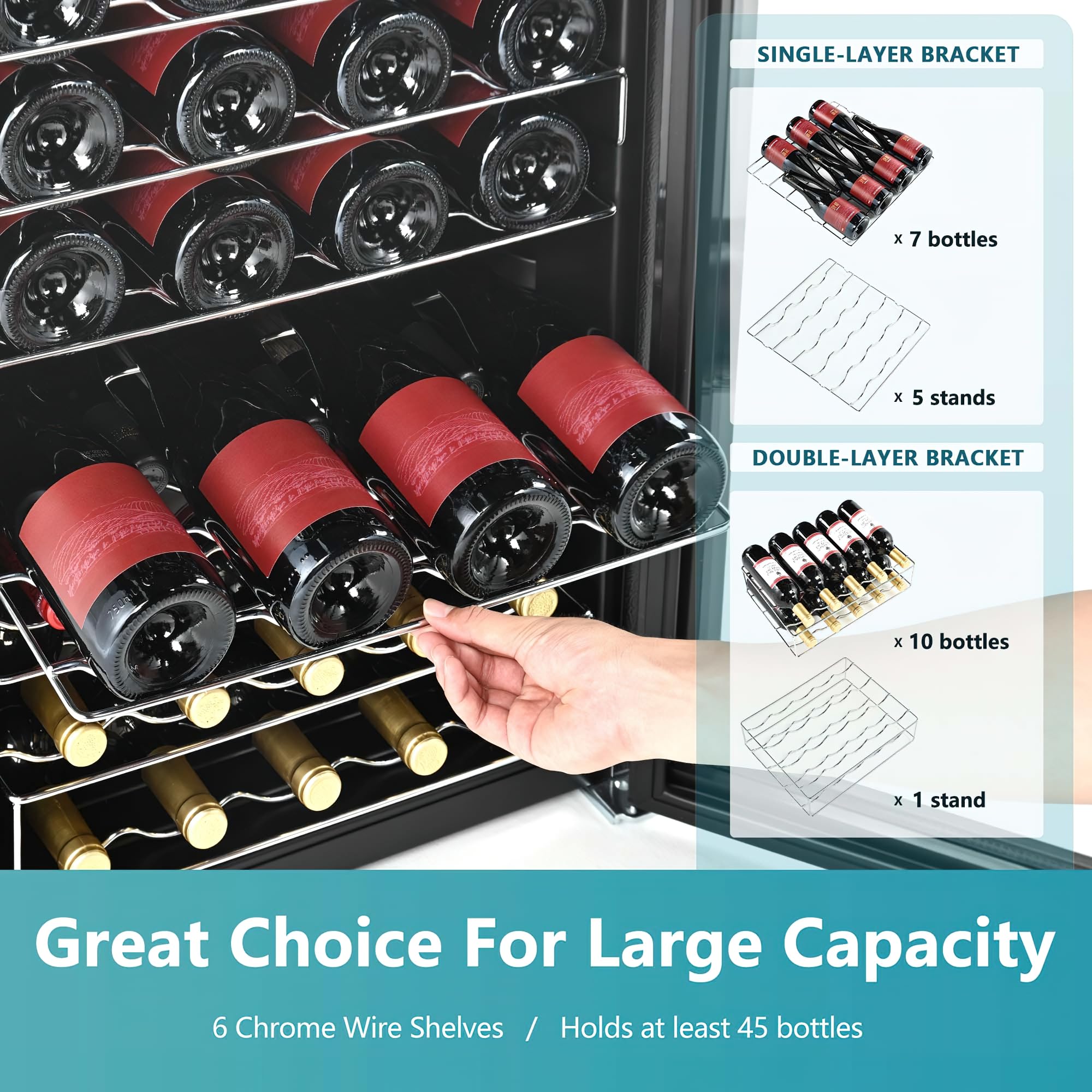 EUHOMY 45 Bottle Wine Cooler Refrigerator - 4.5 Cu.ft Built-In Wine Fridge for Red, White & Champagne with Adjustable Temperature Control | Perfect for Home Bars, Kitchen, Dining Room & Office | Black