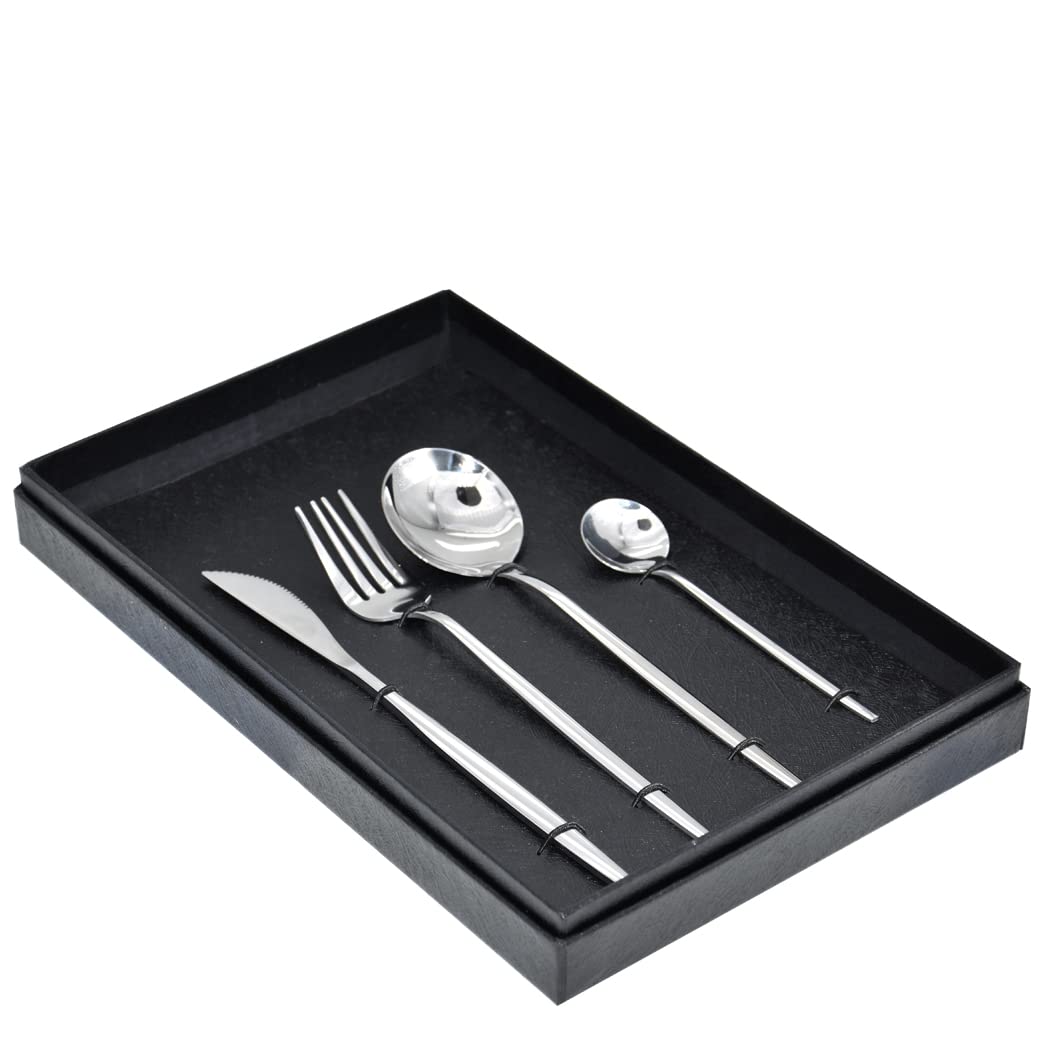 Premium Stainless Steel Knife Fork Spoon 4-Piece Tableware Set - Elegant Steak Cutlery Gift Box in Silver for Fine Dining, Wedding Gifts & Home Entertaining