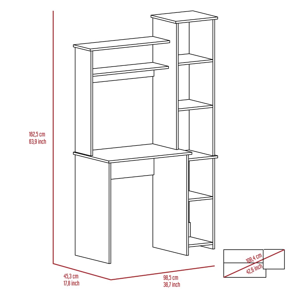 Tuhome Versalles Writing Desk with Two Shelves - Light Gray Modern Study Desk for Home Office, Bookshelf & Workspace Organization