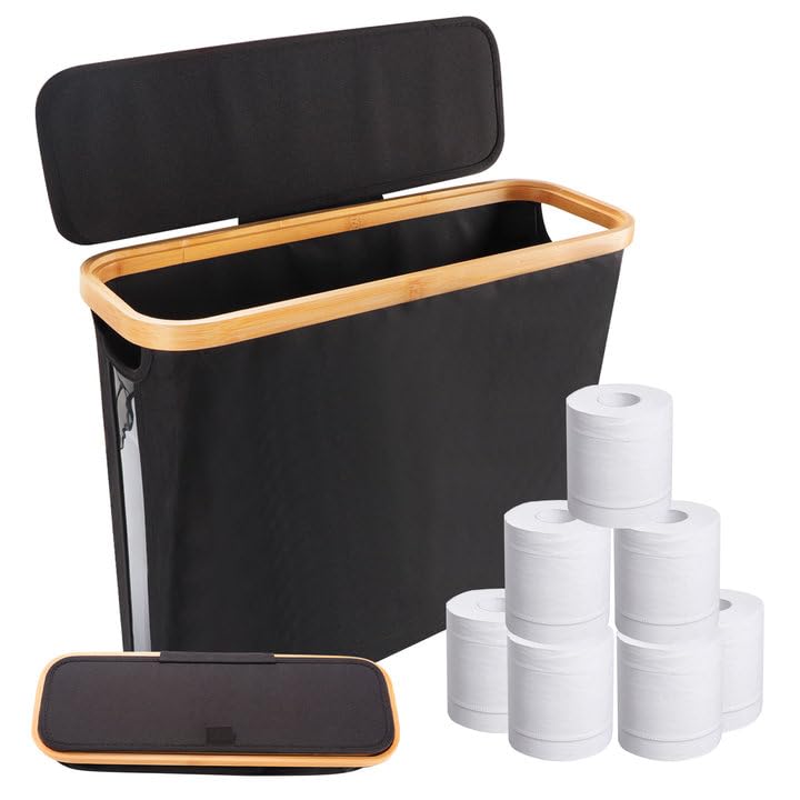 Toilet Paper Storage Basket with Lid - Holds 12 Mega Rolls | Bathroom Organizer & Accessories Holder | Space-Saving Toilet Paper Bin for Bathroom, RV, or Guest Room (Black)
