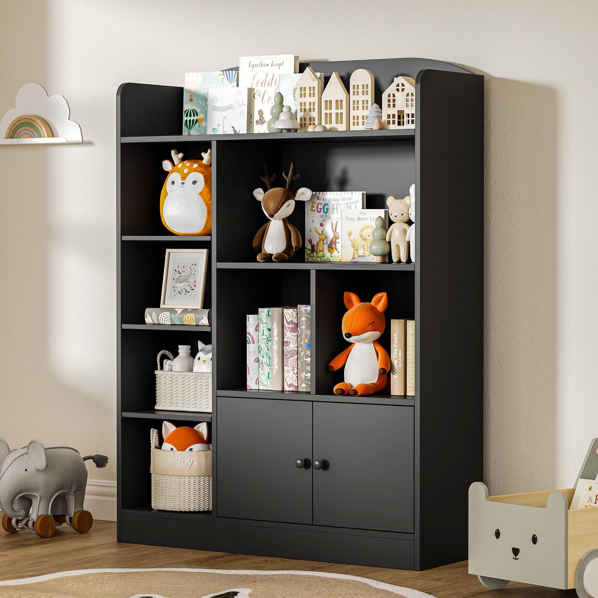 Black Kids Bookshelf - 7 Cubbies & 2 Cabinets Book Storage Organizer for Children's Bedroom, Playroom, Nursery | Durable Freestanding Bookcase for Kids Books, Toys & Decor | Perfect for Reading Nooks, Daycare & Homeschool Classrooms