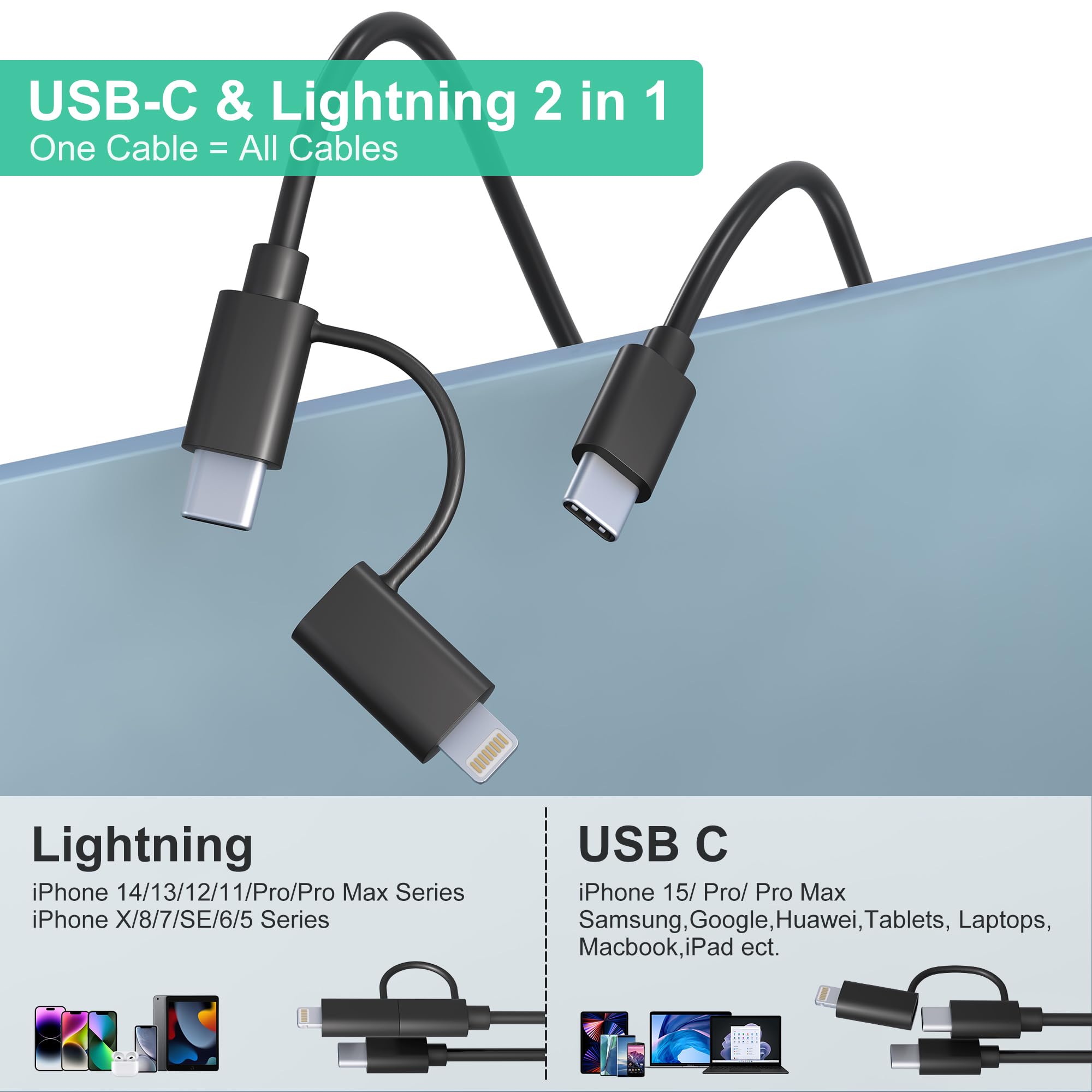 2-in-1 USB C to Lightning & USB C Cable - 60W Fast Charging & Data Sync - Compatible with iPhone, Android, iPad, Laptop - Coil Design for Car Play & Android Auto (Black) - Perfect for Travel, Office & Car Charging