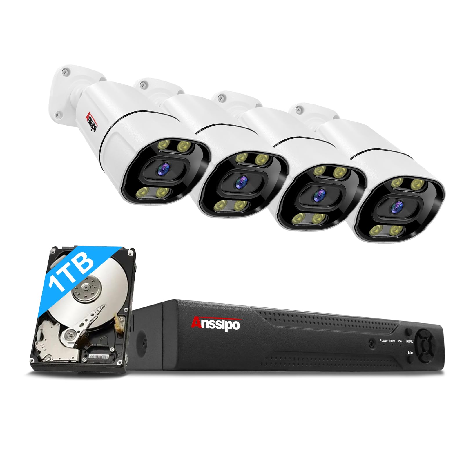 4MP PoE Security Camera System with 4 Wired Cameras - Outdoor/Indoor AI Person & Face Detection, 2-Way Audio, Color Night Vision & Spotlights - 8CH NVR with 1TB HDD for Home & Business Surveillance (Monitor Driveways, Backyards & Entryways)